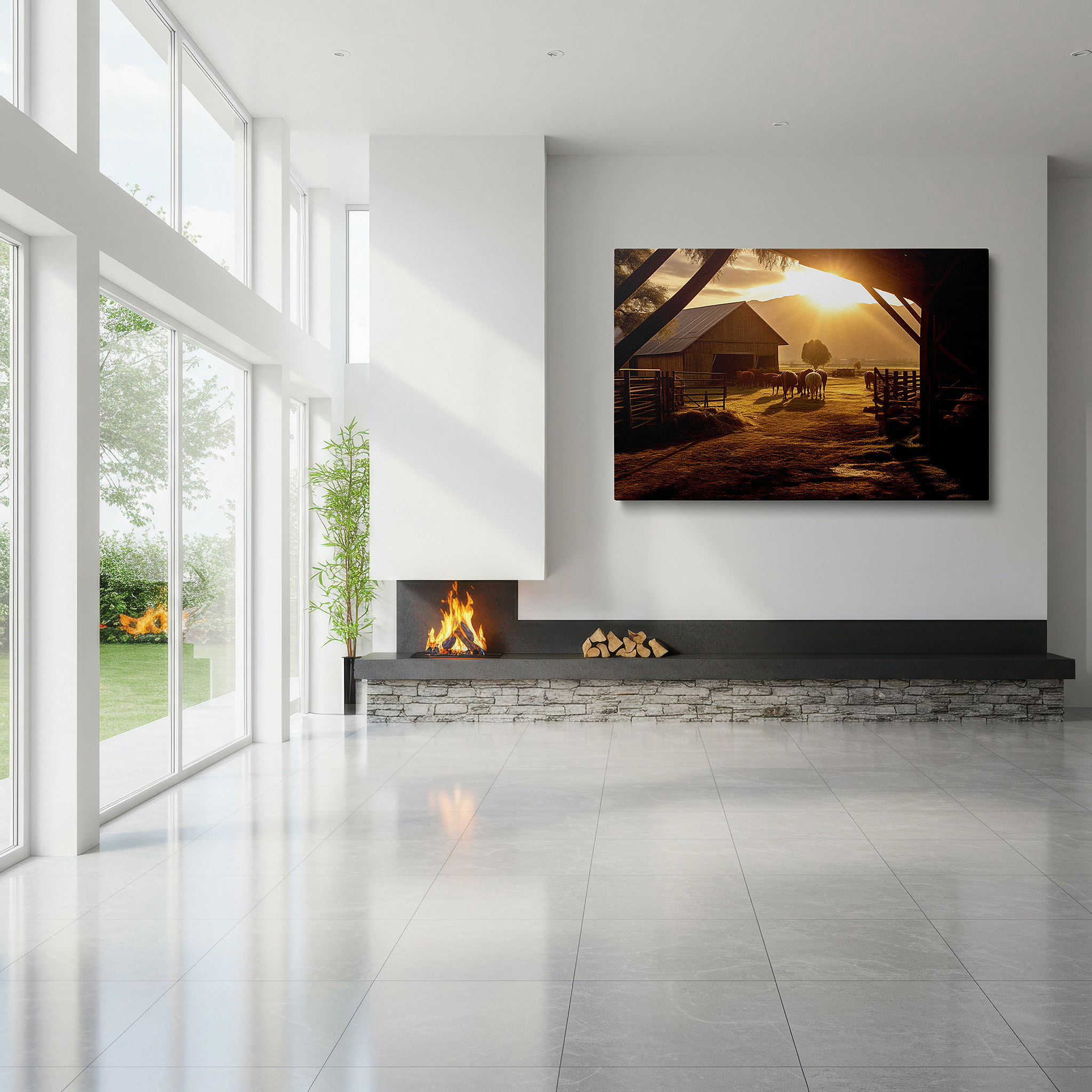 Mounted in a loft-style interior with exposed brick walls — rustic barn and tranquil horses at dawn large canvas wall art for office, bedroom, and living room decor