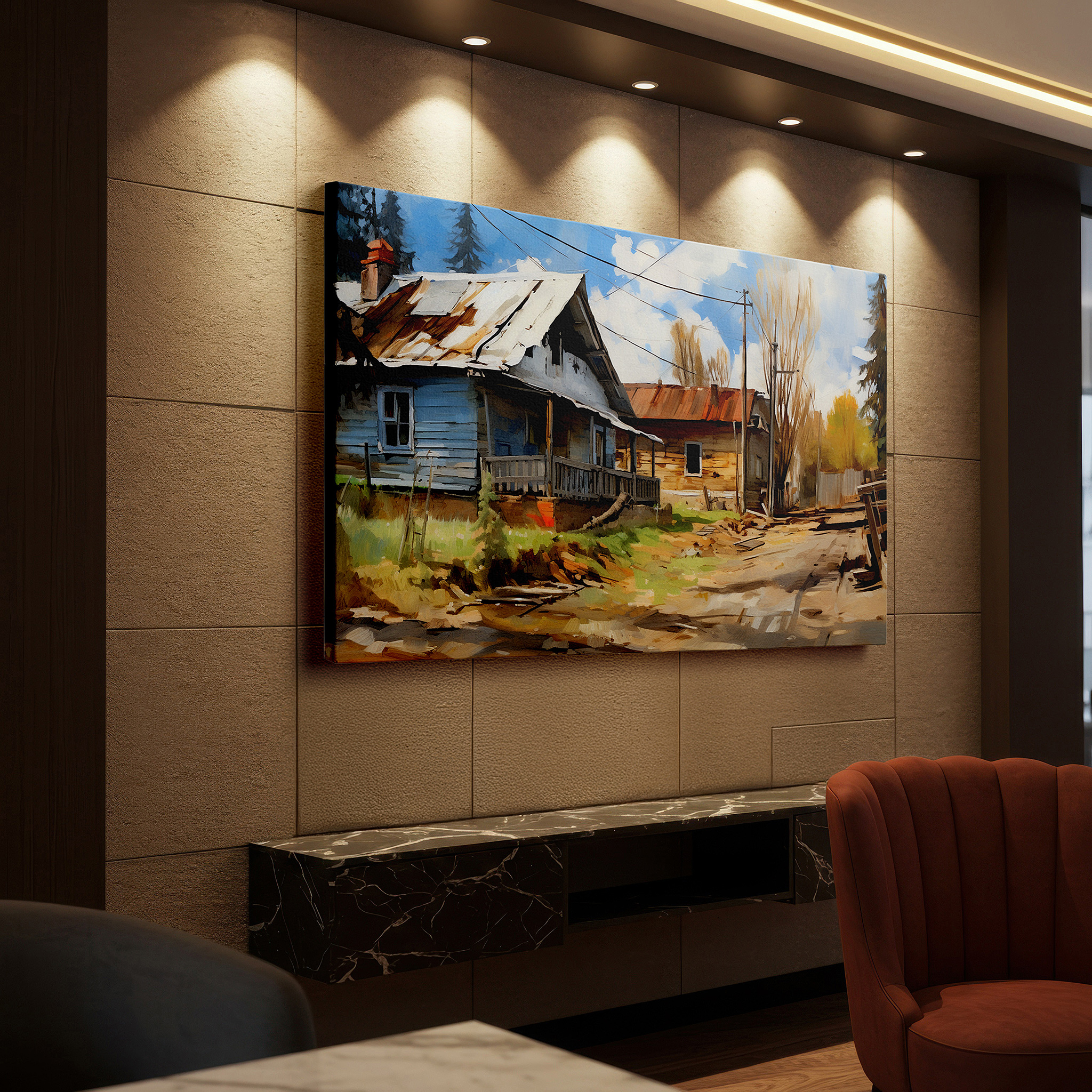 Mounted in a loft-style interior with exposed brick walls — rustic cabin wall art: serene countryside escape amidst lush greenery - perfect for office, living room, or bedroom decor