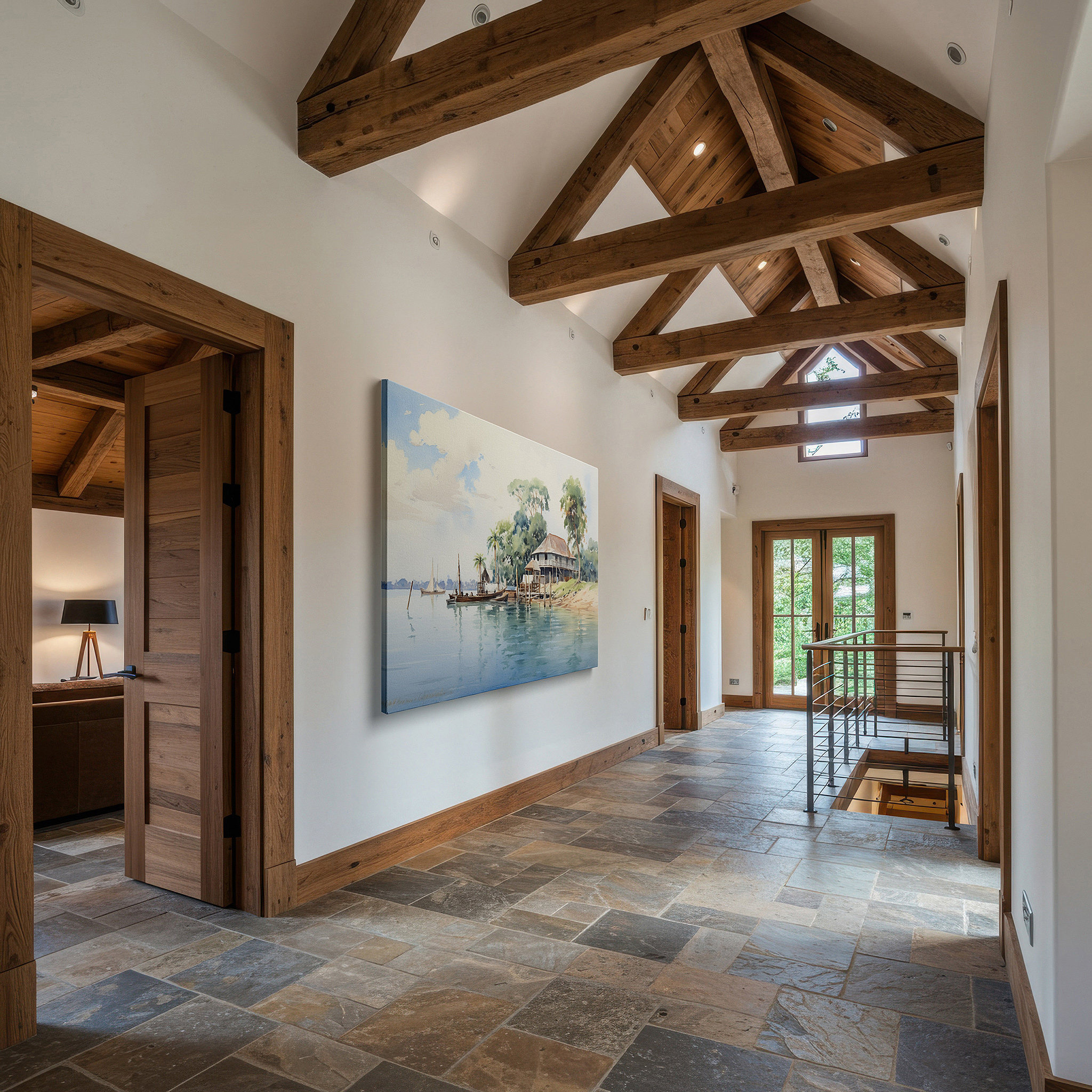 Mounted in a loft-style interior with exposed brick walls — rustic lakeside retreat wall art featuring tranquil house and reflective waters - large canvas for office, bedroom, and home decor