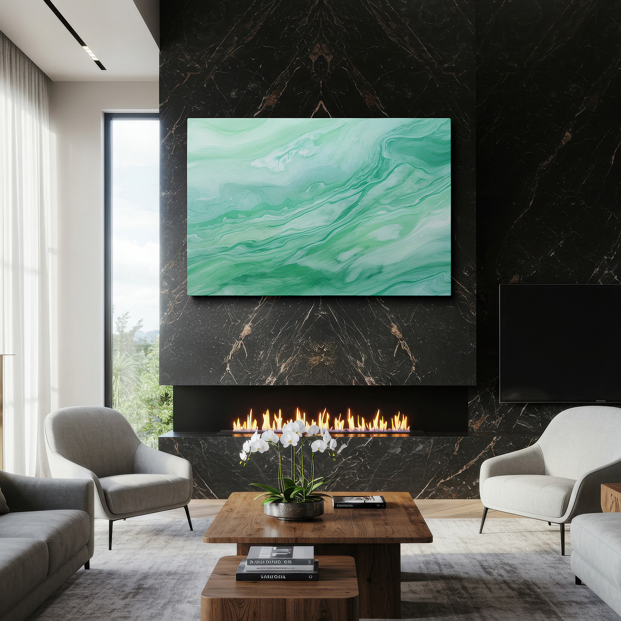Mounted in a loft-style interior with exposed brick walls — a serene array of greens: abstract expressionism in large wall art, canvas wall art, wall decor for offices