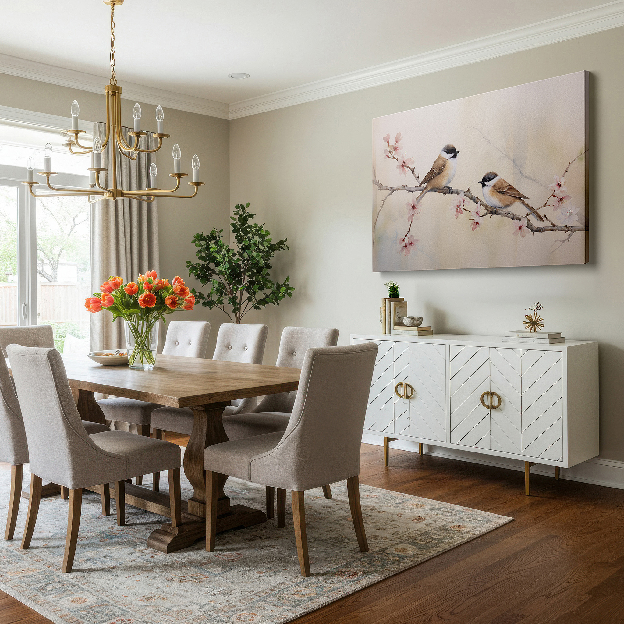 Mounted in a loft-style interior with exposed brick walls — serene birds and cherry blossoms: a tranquil spring symphony - large wall art, canvas wall art, wall decor for office, bedroom, and living room