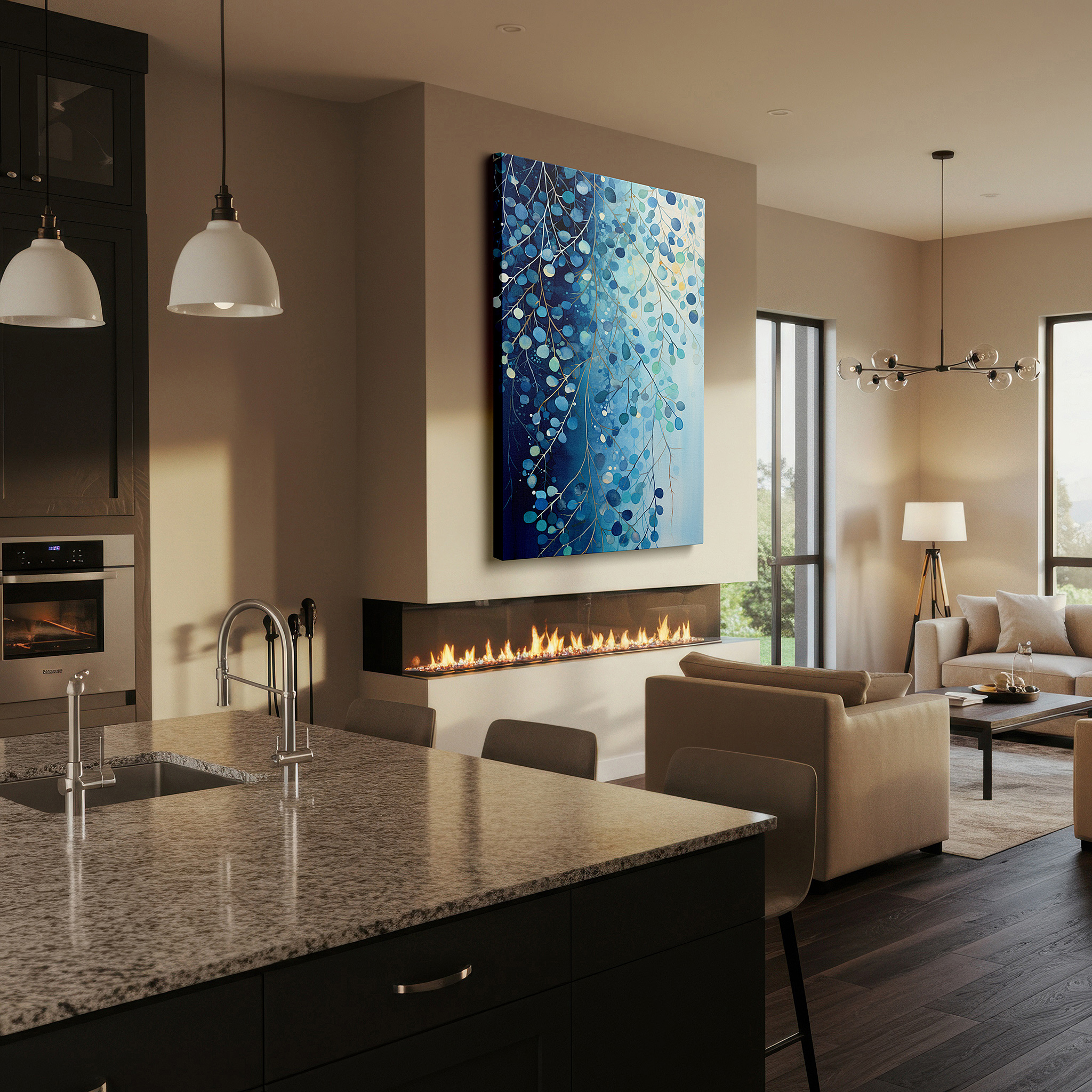 Mounted in a loft-style interior with exposed brick walls — serene blue leaves: large canvas wall art evoking tranquility and nature's peace for office and bedroom decor