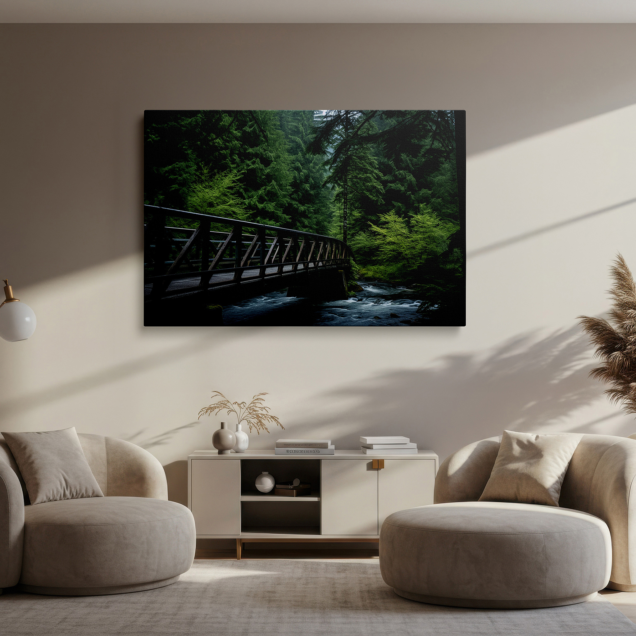 Mounted in a loft-style interior with exposed brick walls — serene bridge over calm stream surrounded by verdant foliage large wall art, canvas wall art, wall decor for office, bedroom, and living room