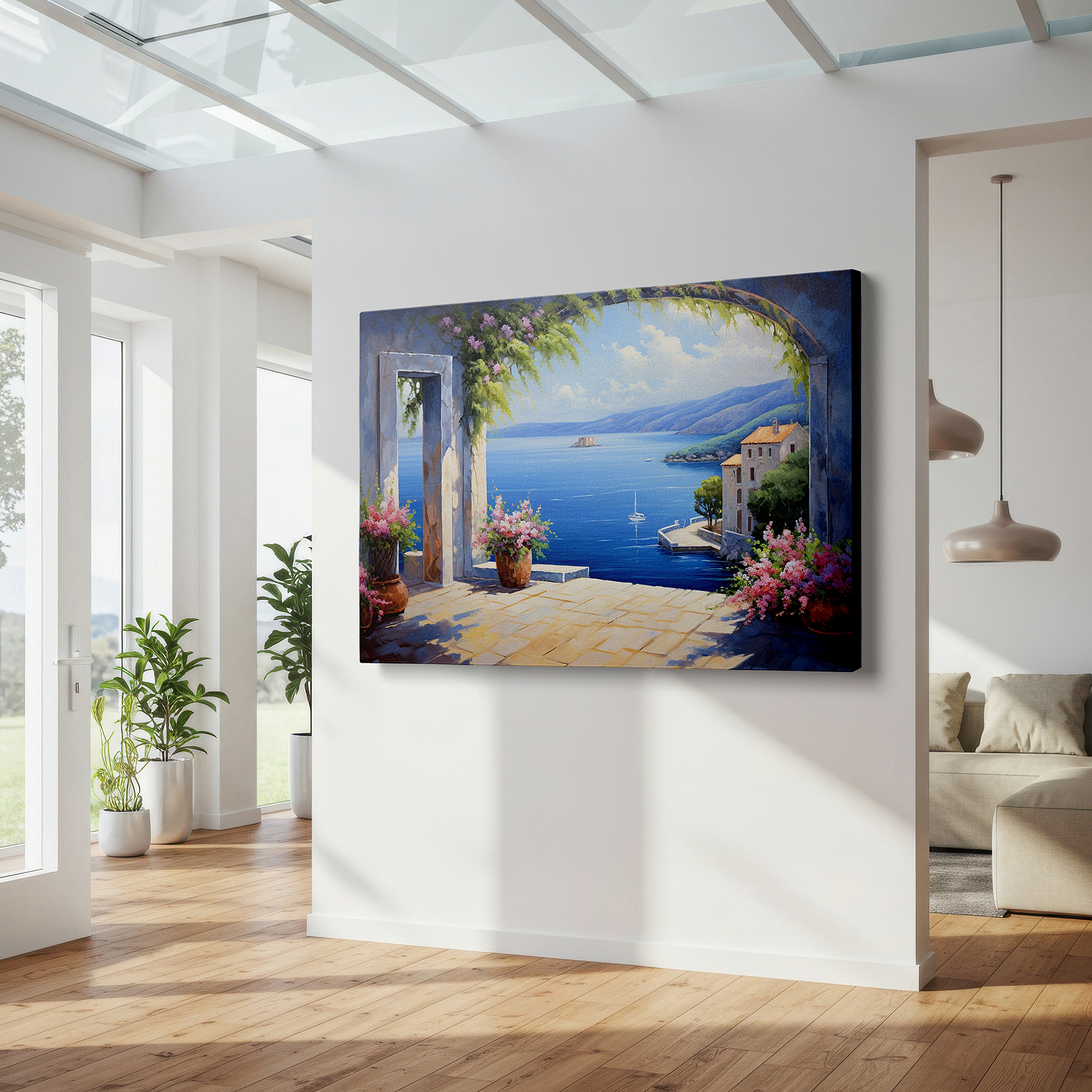 Mounted in a loft-style interior with exposed brick walls — a serene coastal retreat canvas framed by a graceful arch large wall art, canvas wall decor for offices, bedrooms, and living rooms