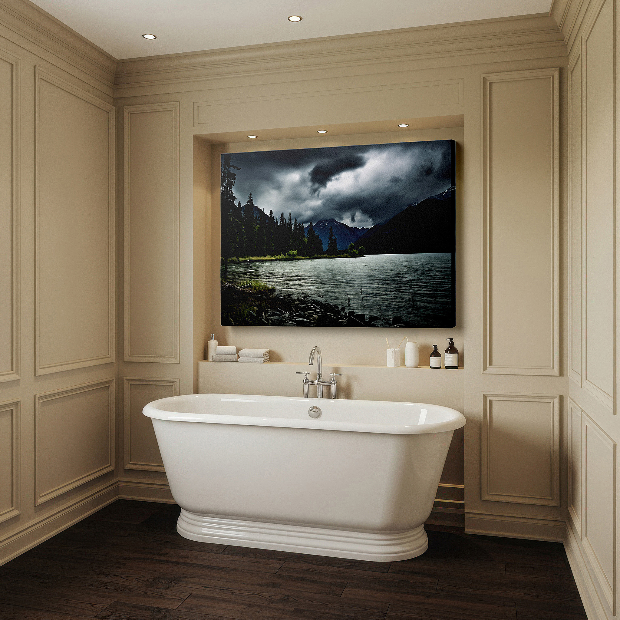 Mounted in a loft-style interior with exposed brick walls — serene lake against stormy skies, majestic mountains beneath ominous clouds large wall art, canvas wall art, wall decor, office wall art, bedroom wall art