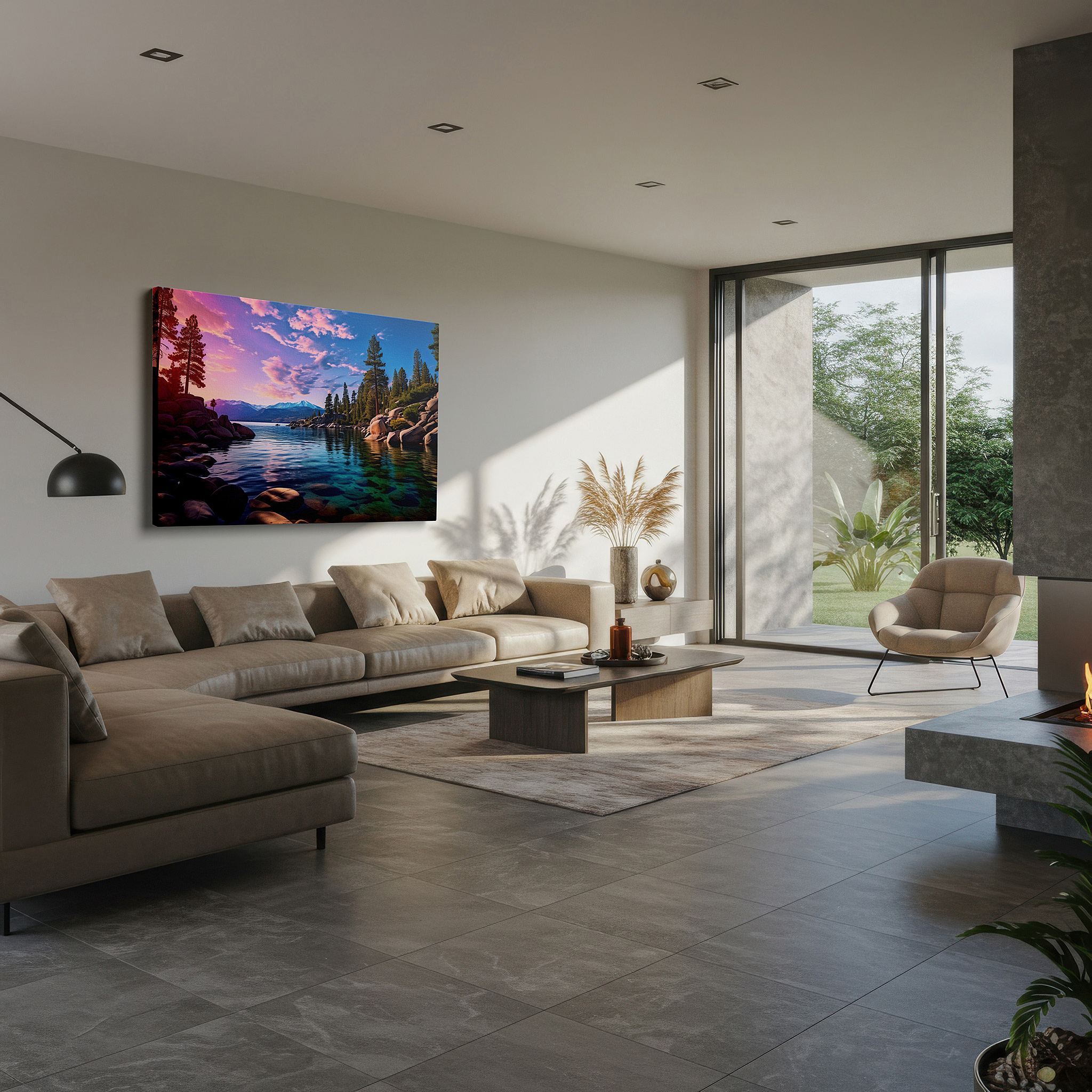 Mounted in a loft-style interior with exposed brick walls — serene lakeside sunset: a tranquil reflection of nature's fiery palette - large canvas wall art for home and office decor