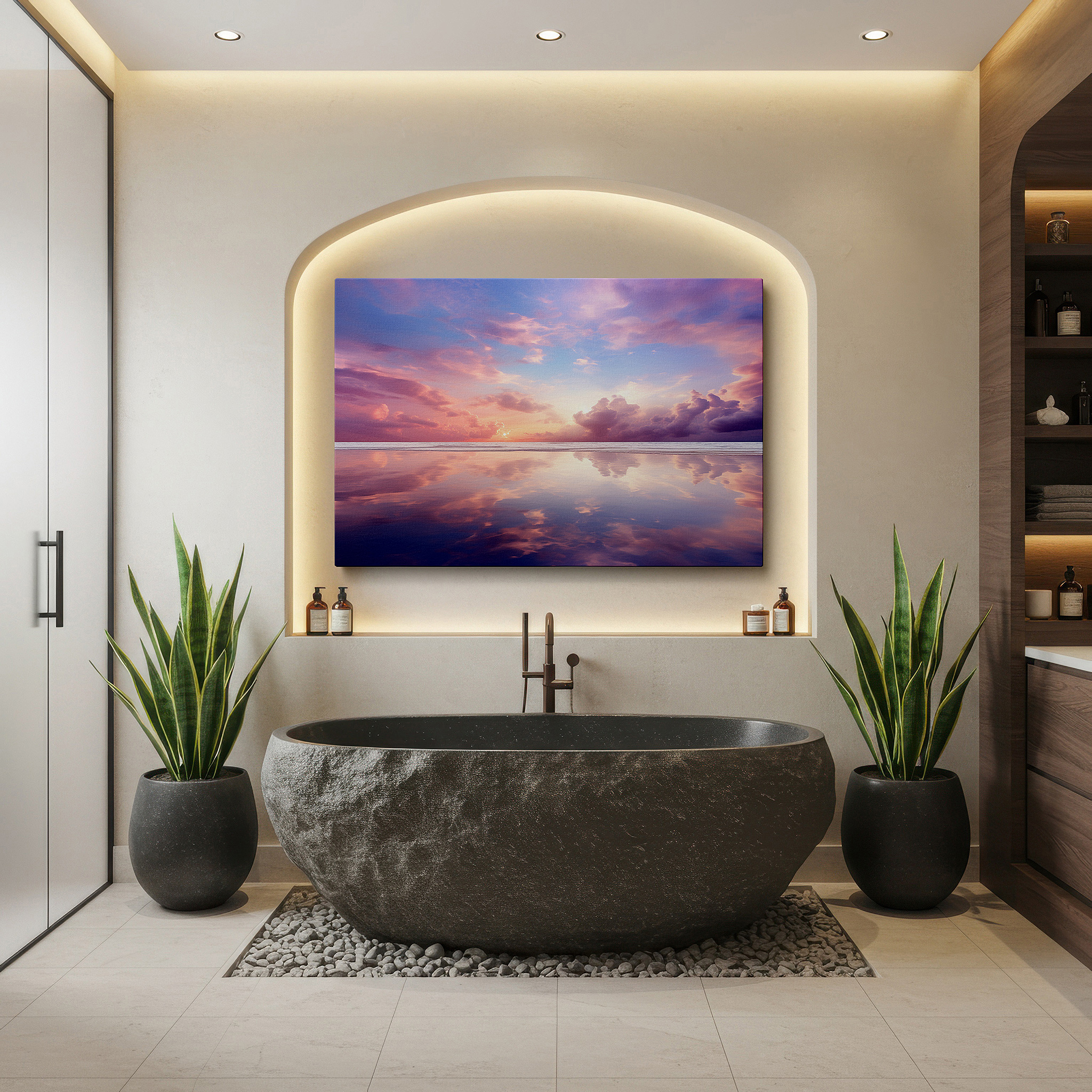 Mounted in a loft-style interior with exposed brick walls — serene ocean at sunset: a gateway to tranquility - large canvas wall art for home and office decor
