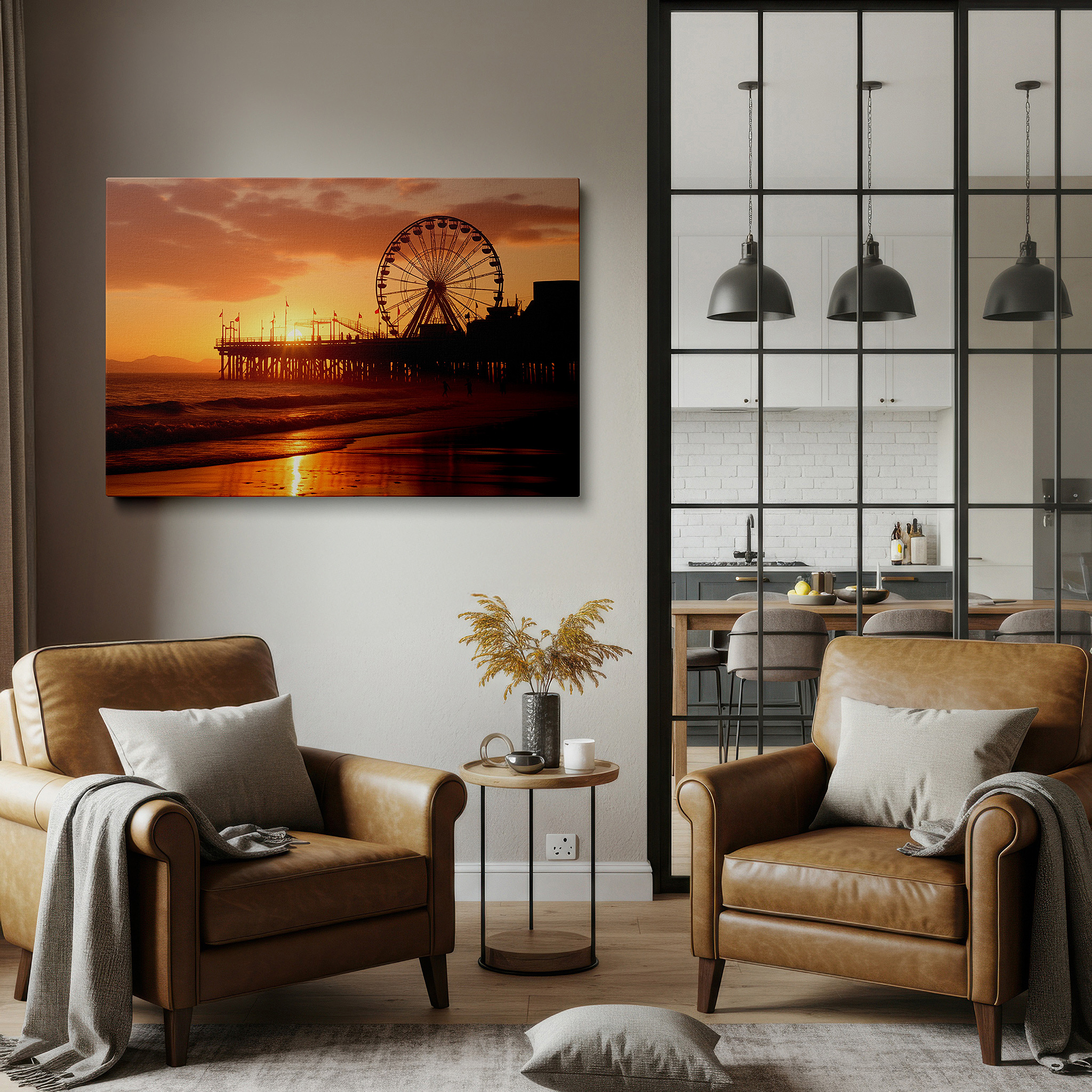 Mounted in a loft-style interior with exposed brick walls — serene sunset beach scene with silhouetted ferris wheel - large canvas wall art for office, bedroom, and living room decor