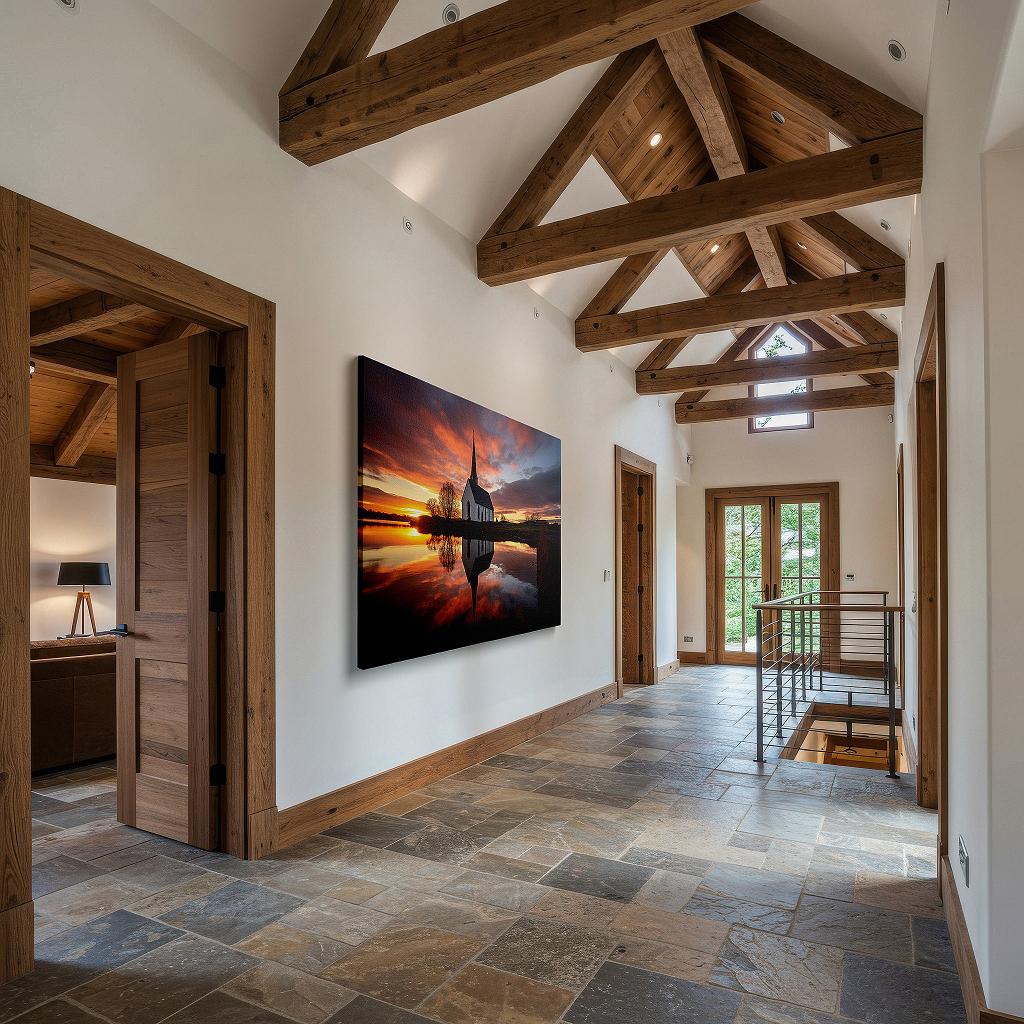 Mounted in a loft-style interior with exposed brick walls — serene sunset and quaint church reflections by a lake - nature and architecture masterpiece large wall art, canvas wall art, wall decor for office