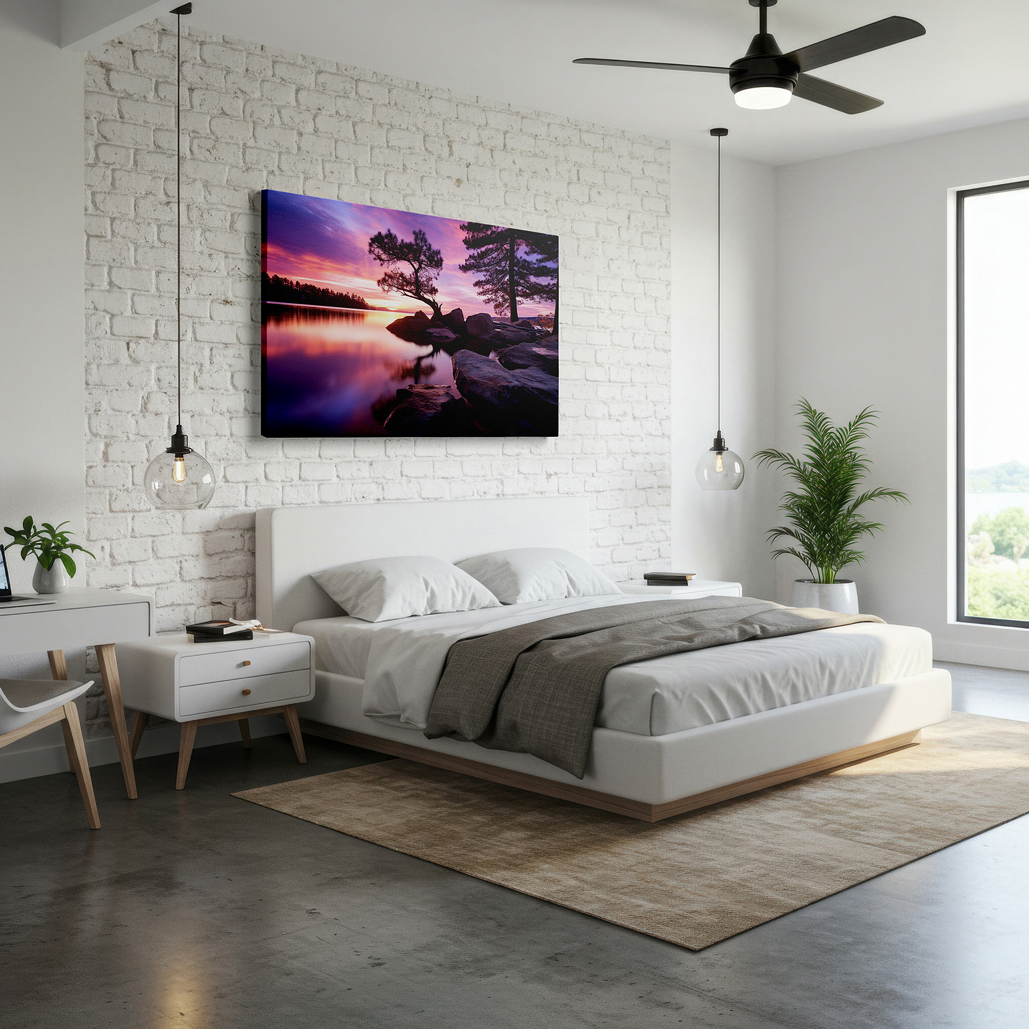 Mounted in a loft-style interior with exposed brick walls — serene sunset over tranquil lake: a vivid symphony of fiery hues and peaceful reflections - large canvas wall art for office decor