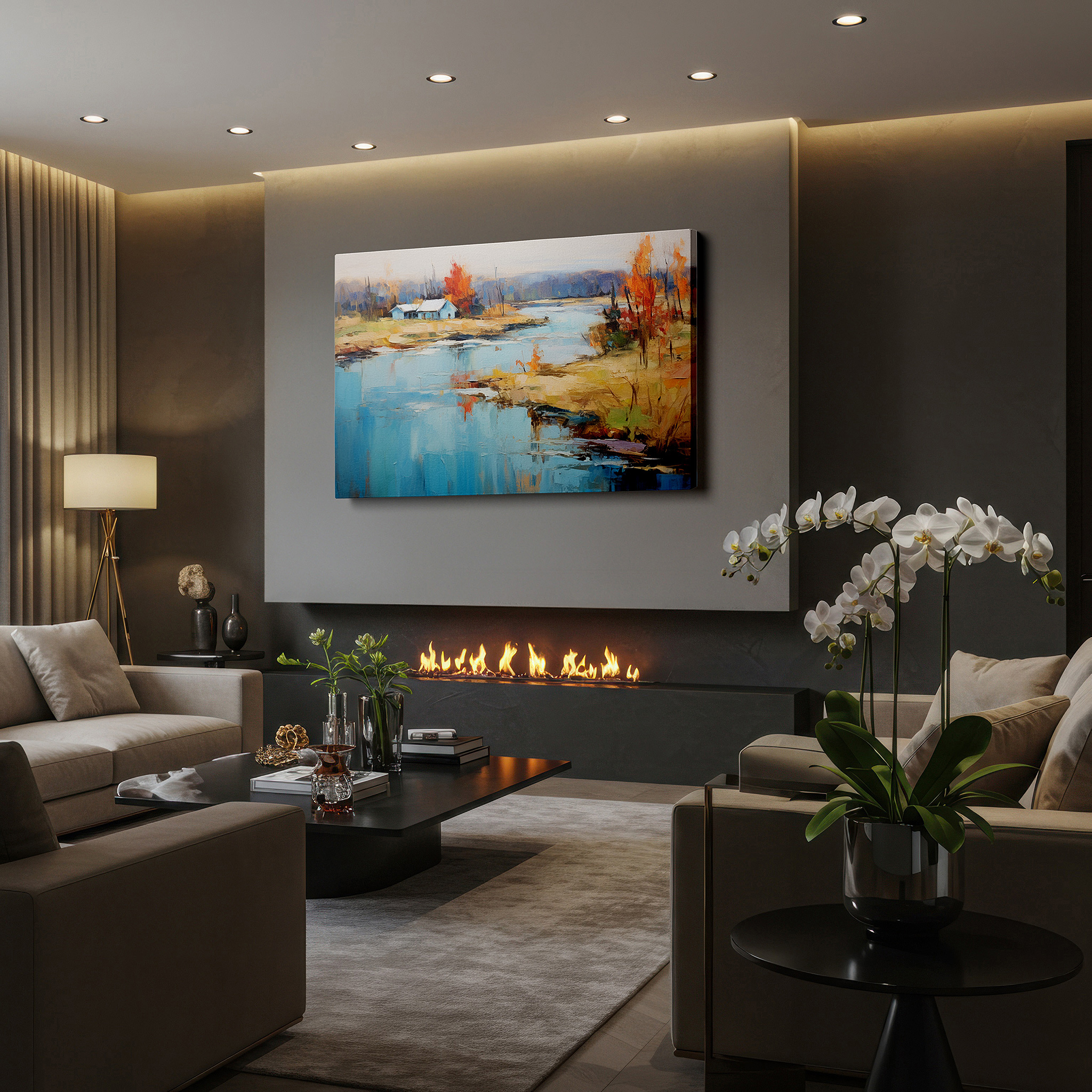 Mounted in a loft-style interior with exposed brick walls — serene village scene with tranquil river and fiery autumn trees large canvas wall art for home and office decor