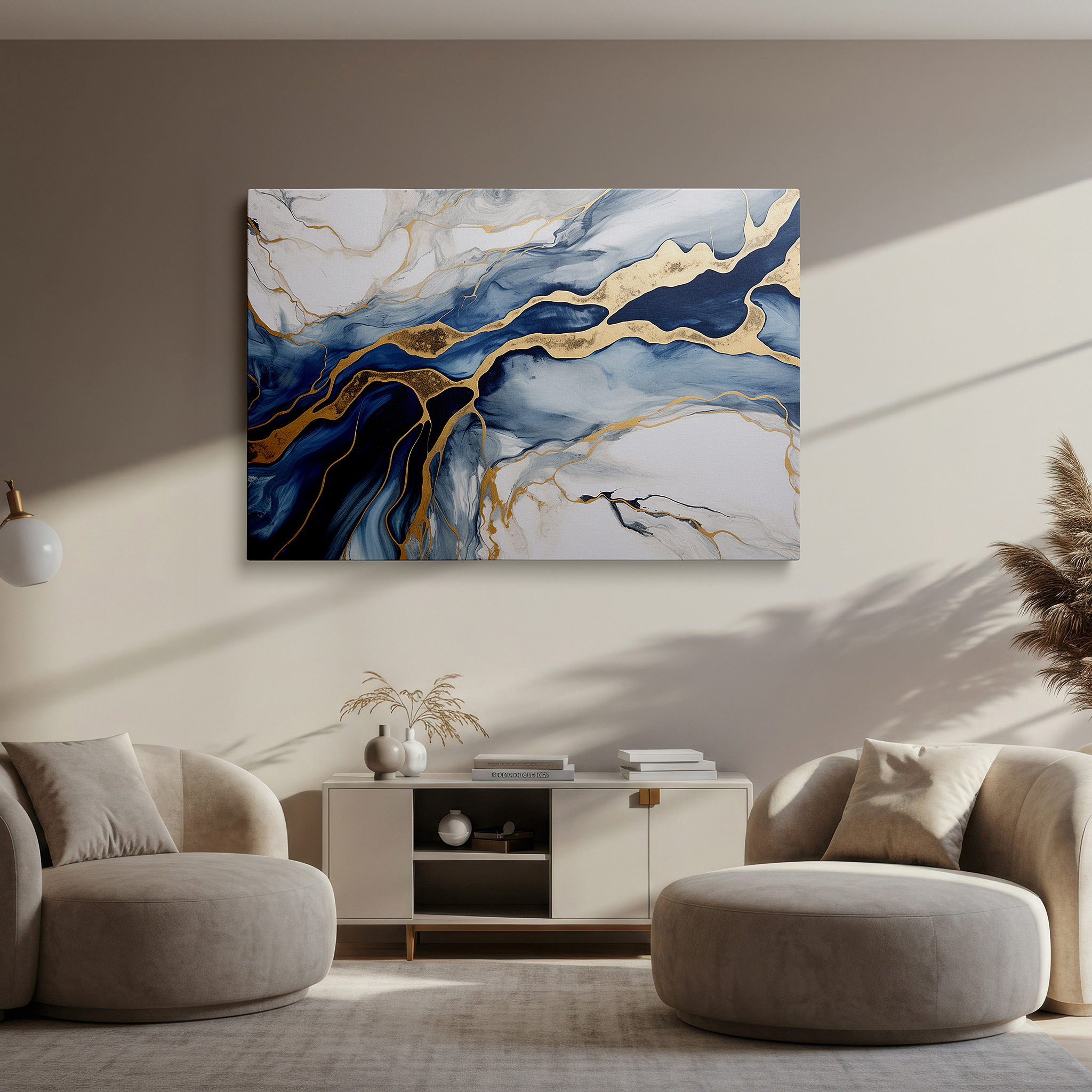 Mounted in a loft-style interior with exposed brick walls — serene waters and radiant glow - elegant blue hues with glimmering highlights large wall art, canvas wall art, wall decor for office