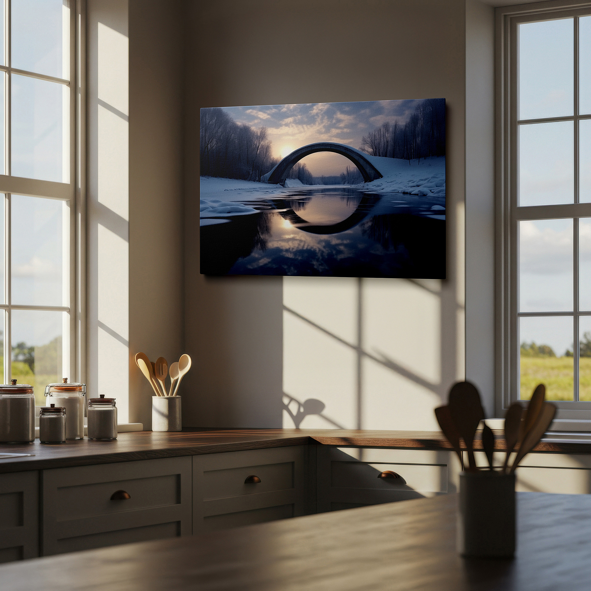 Mounted in a loft-style interior with exposed brick walls — serene winter dawn above grand bridge and icy river - large canvas wall art for office, bedroom, and living room decor