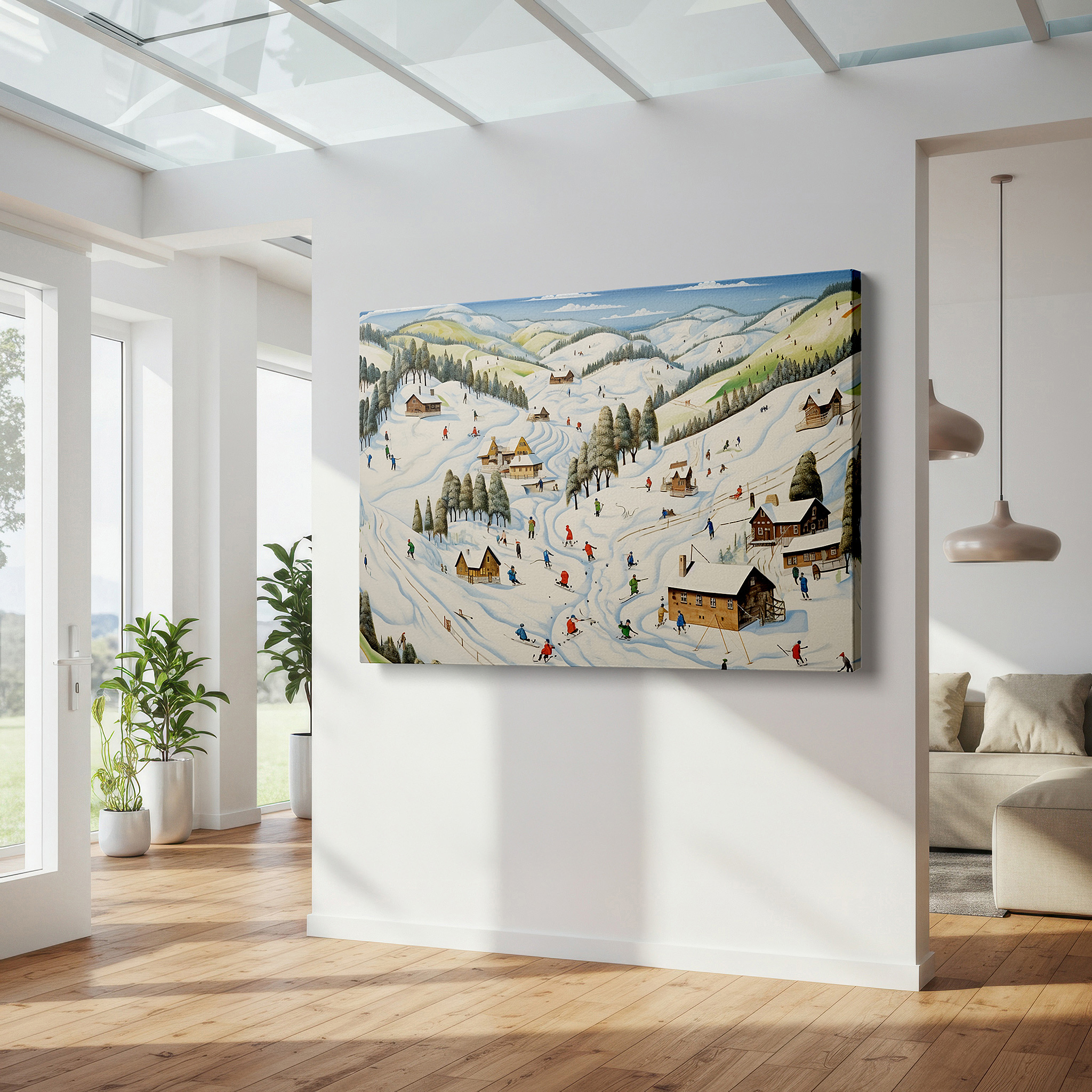 Mounted in a loft-style interior with exposed brick walls — serene winter wonderland canvas featuring skiers and snow-covered cabins - large wall art for office, bedroom, and living room decor