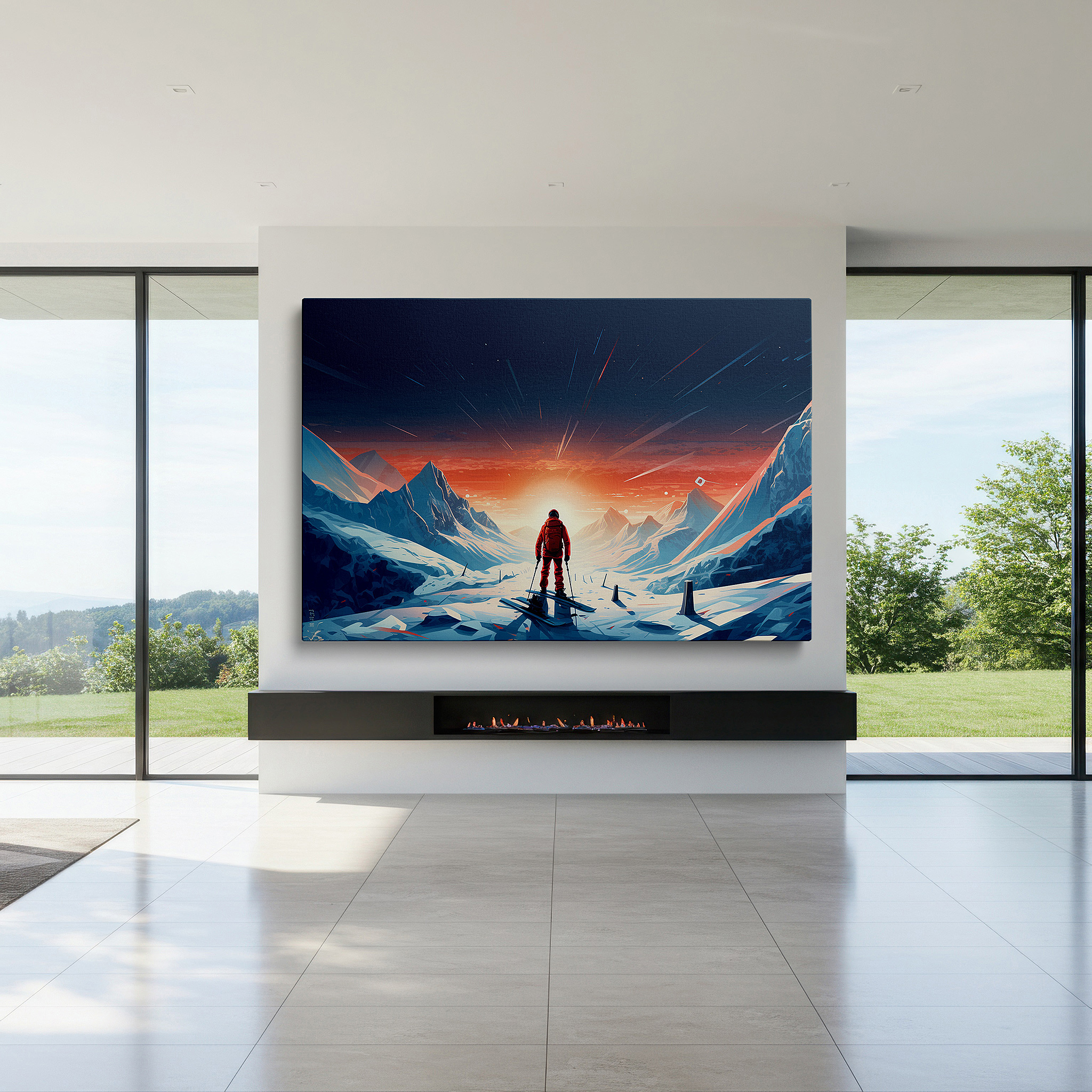 Mounted in a loft-style interior with exposed brick walls — snow-covered landscape at sunset: bold light and shadow wall art - large canvas for home and office decor