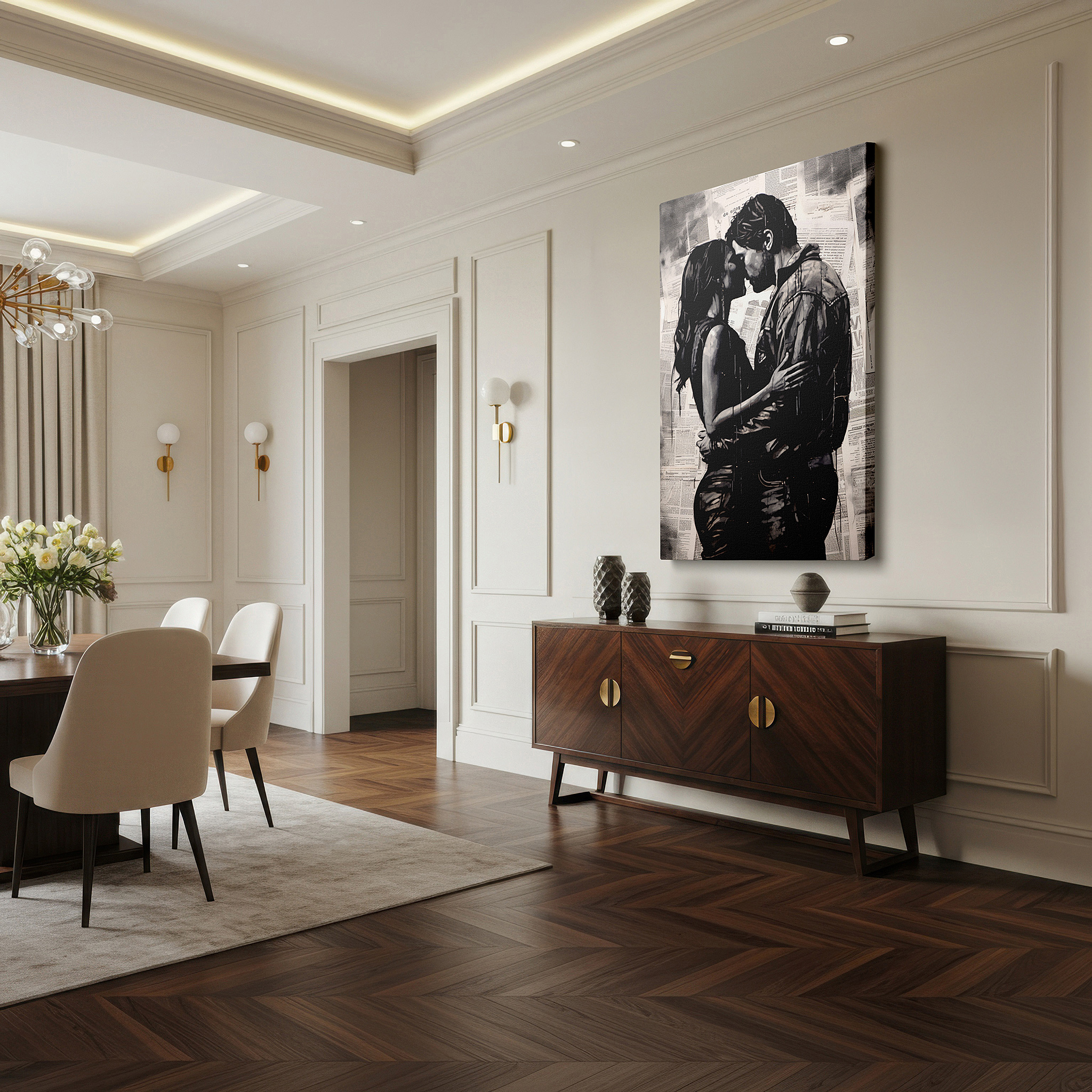 Mounted in a loft-style interior with exposed brick walls — societal chaos and intimate embrace - a monochrome masterpiece depicting love and resilience, large wall art, canvas wall art, wall decor