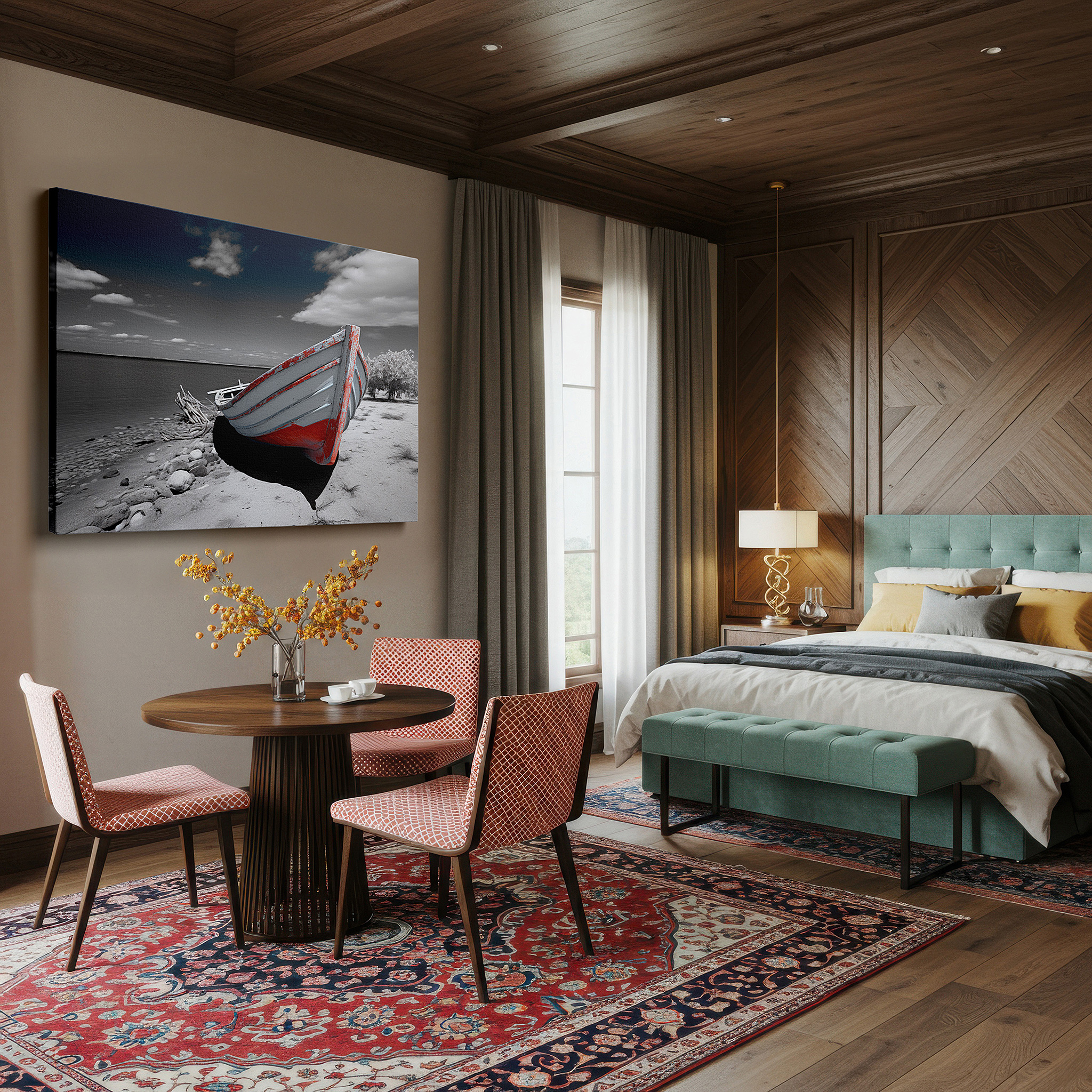 Mounted in a loft-style interior with exposed brick walls — solitary boat on peaceful beach - embodying quiet abandonment and eternal solitude, large wall art, canvas wall art, wall decor for office