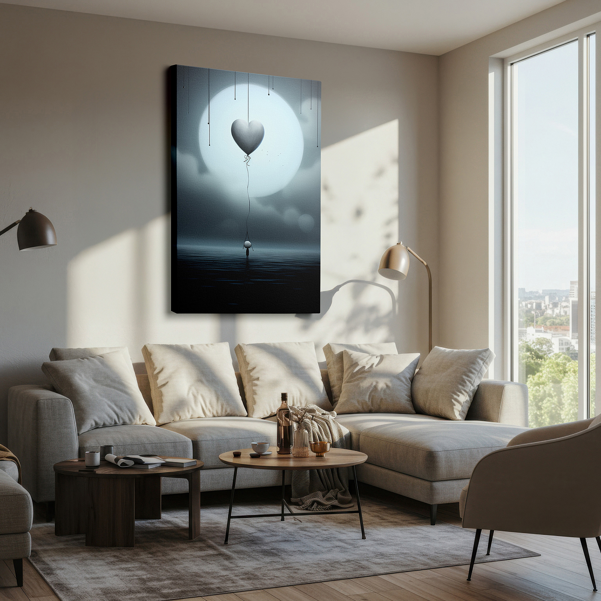 Mounted in a loft-style interior with exposed brick walls — a solitary silhouette holding a heart-shaped balloon by the expansive moonlit ocean - large wall art, canvas wall art, wall decor for office