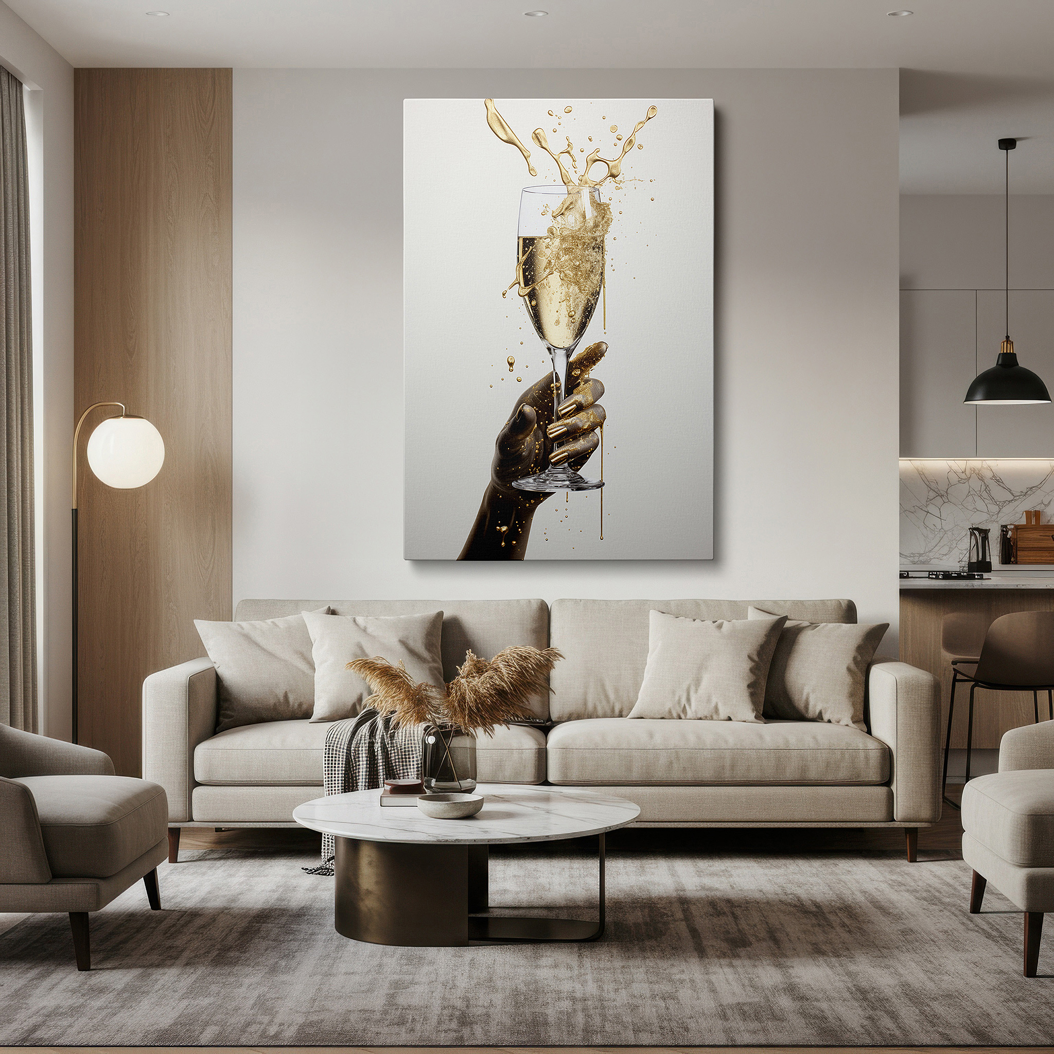 Mounted in a loft-style interior with exposed brick walls — sophisticated wall art featuring a sculpted hand holding a champagne glass - large canvas art for home and office decor, ideal for living rooms and bedrooms