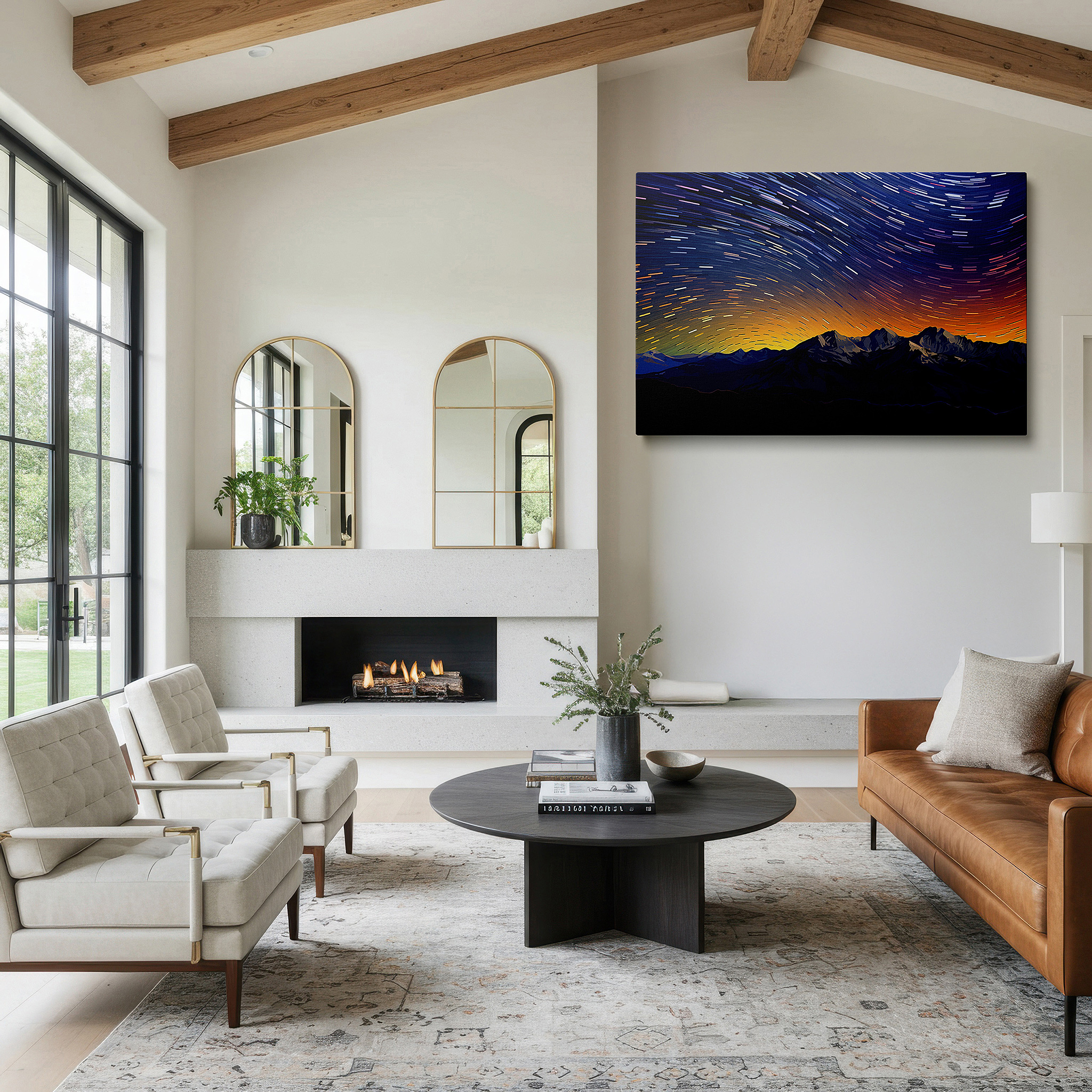 Mounted in a loft-style interior with exposed brick walls — star trails and twilight over snow-capped peaks - large canvas wall art for office and bedroom decor