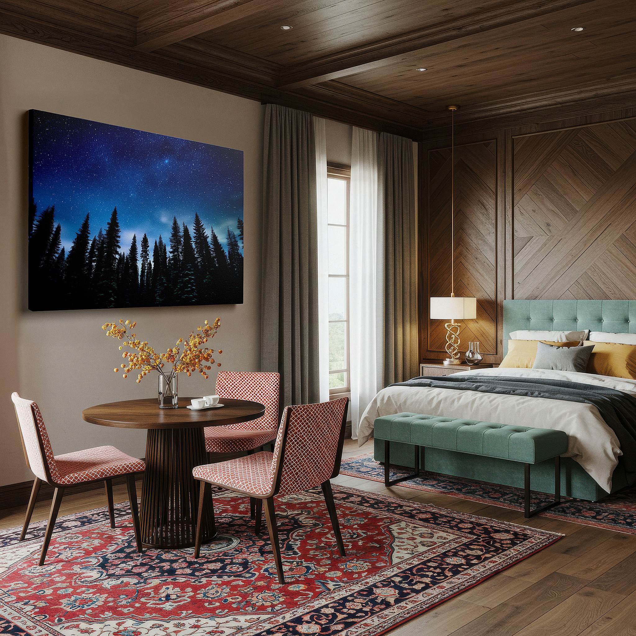 Mounted in a loft-style interior with exposed brick walls — starry night with majestic pine silhouettes large canvas wall art for office and bedroom decor