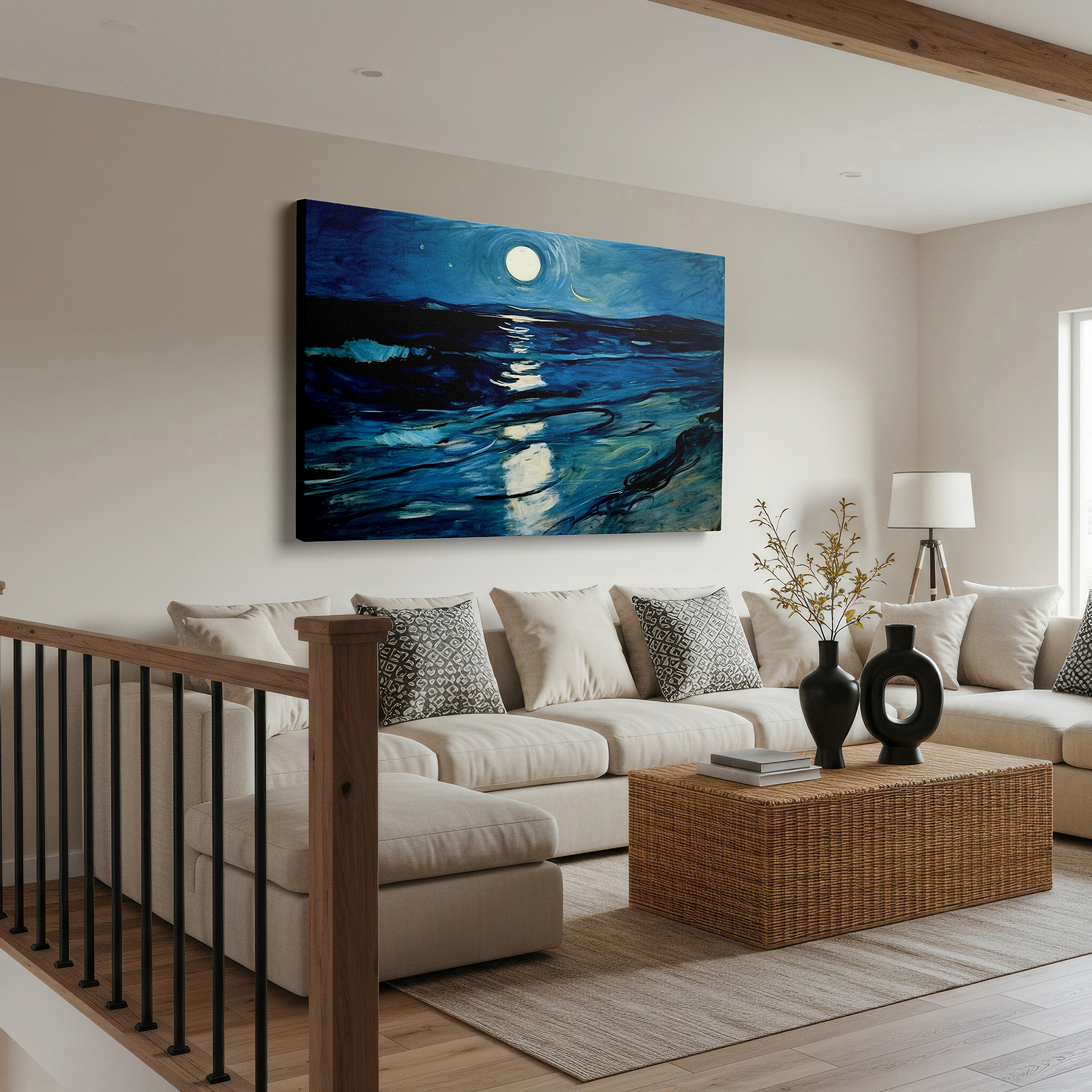 Mounted in a loft-style interior with exposed brick walls — starry night over the ocean large canvas wall art for office and bedroom decor
