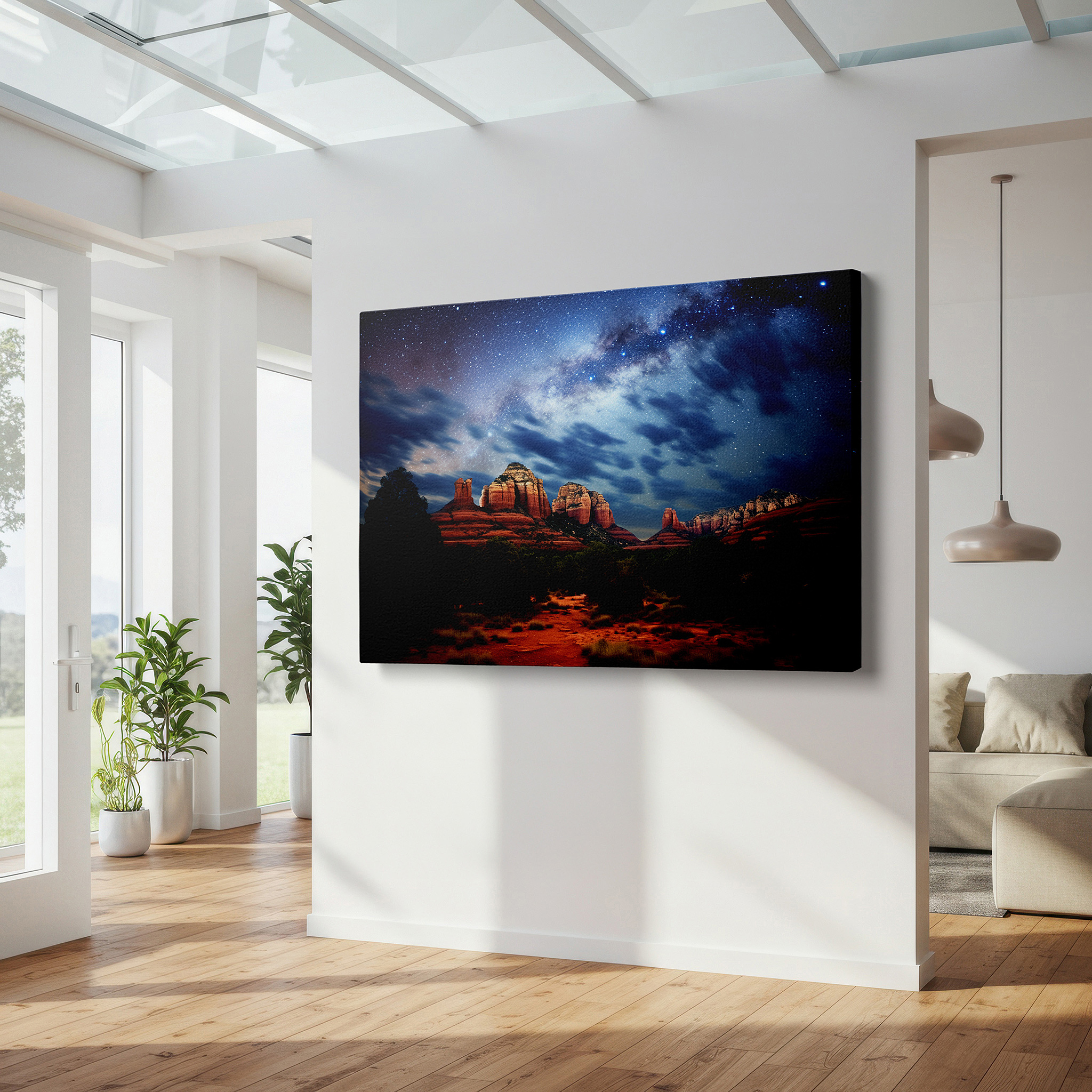 Mounted in a loft-style interior with exposed brick walls — starry skies over sedona's red rocks - serene earth and cosmos fusion large wall art, canvas wall art, wall decor for office and bedroom