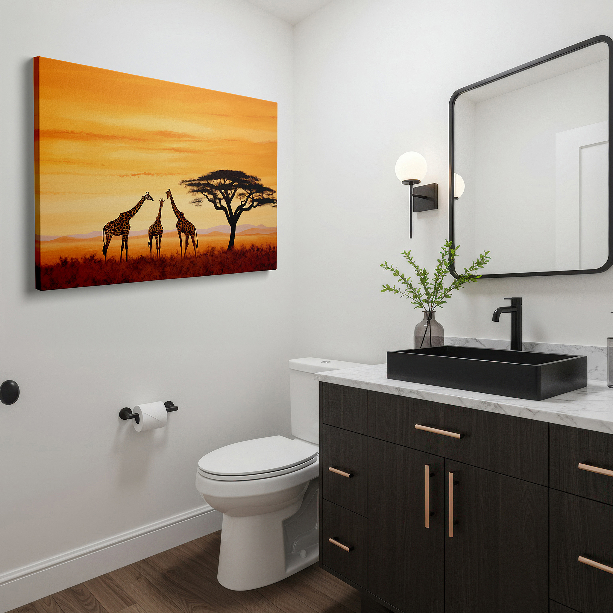 Mounted in a loft-style interior with exposed brick walls — stunning giraffes and vibrant sunset in the african savannah wall art, canvas decor for office and bedroom