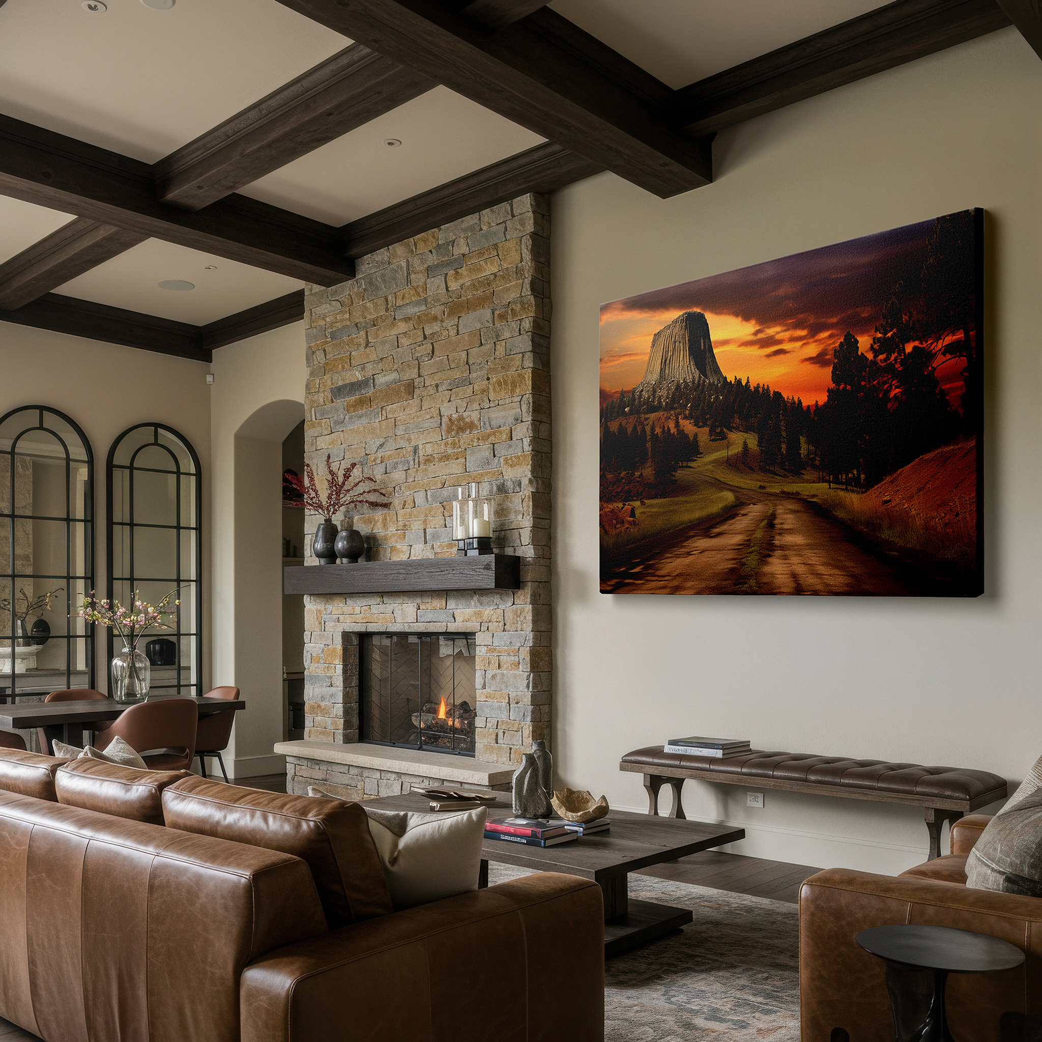 Mounted in a loft-style interior with exposed brick walls — stunning rock formation and sunset sky large wall art, canvas wall art, wall decor for office, bedroom, and living room