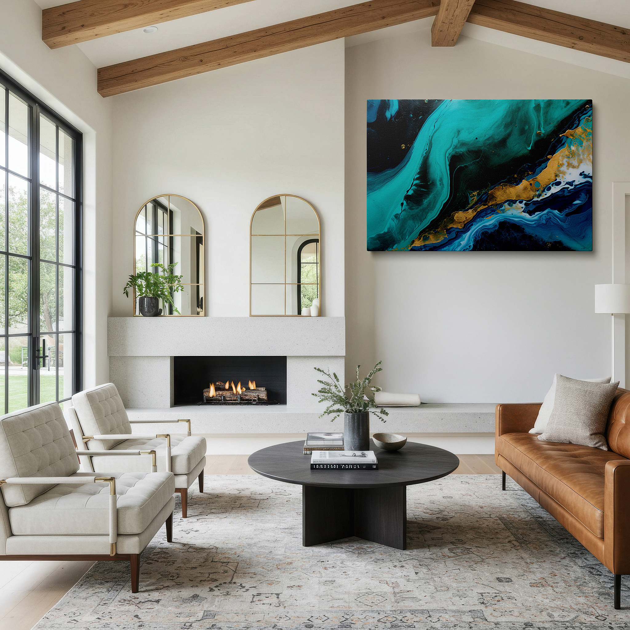 Mounted in a loft-style interior with exposed brick walls — stunning turquoise and black wall art with elegant gold accents, large canvas decor for office and bedroom