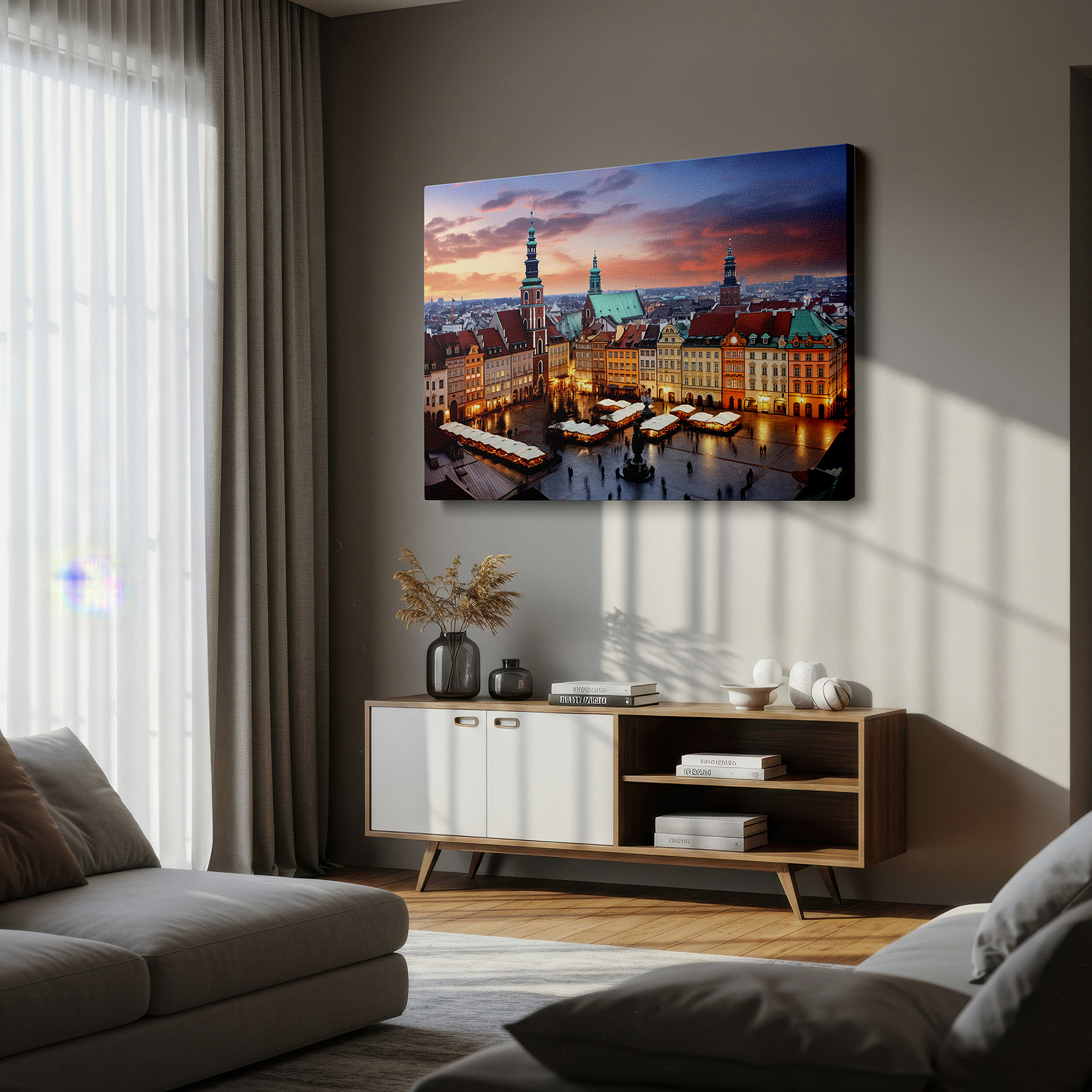 Mounted in a loft-style interior with exposed brick walls — sunset glow over historic town square: a display of architectural beauty and community spirit - large wall art, canvas wall art, wall decor for office