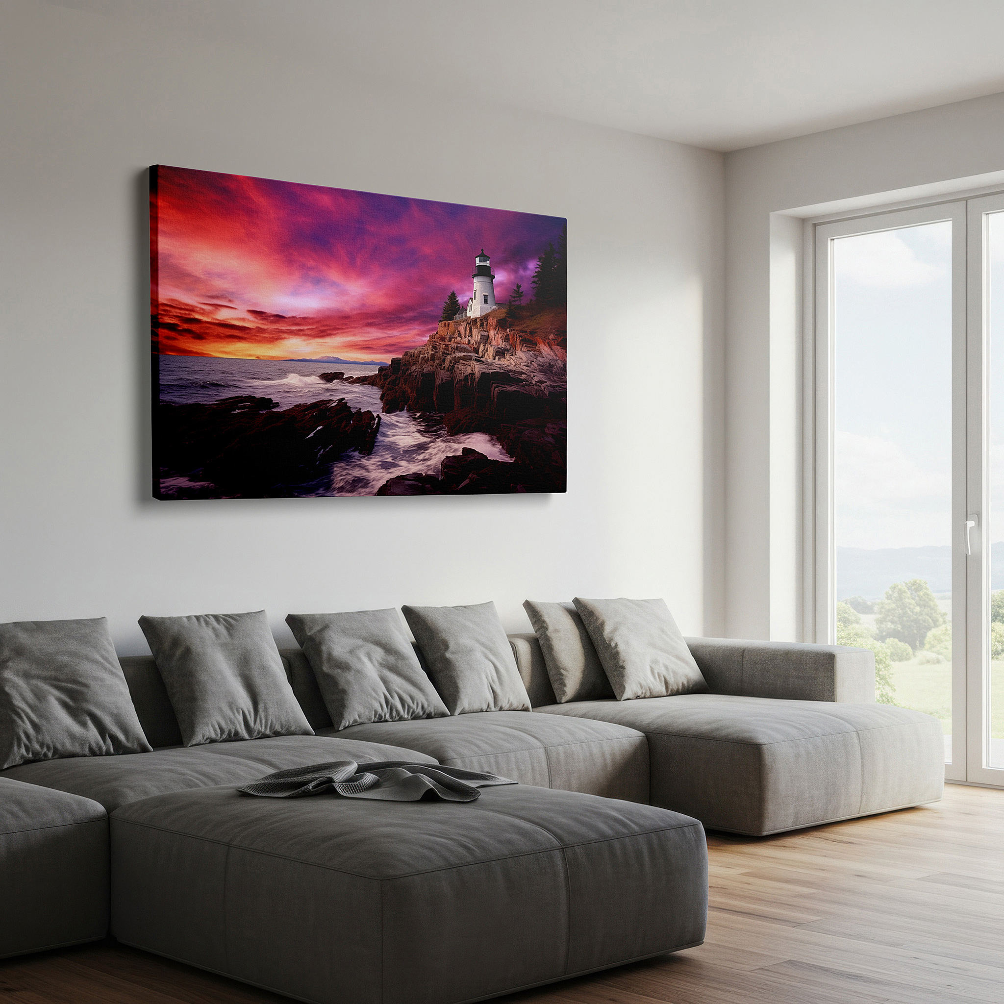 Mounted in a loft-style interior with exposed brick walls — sunset lighthouse majesty - a symbol of hope and calm against fiery skies, large canvas wall art for home and office decor