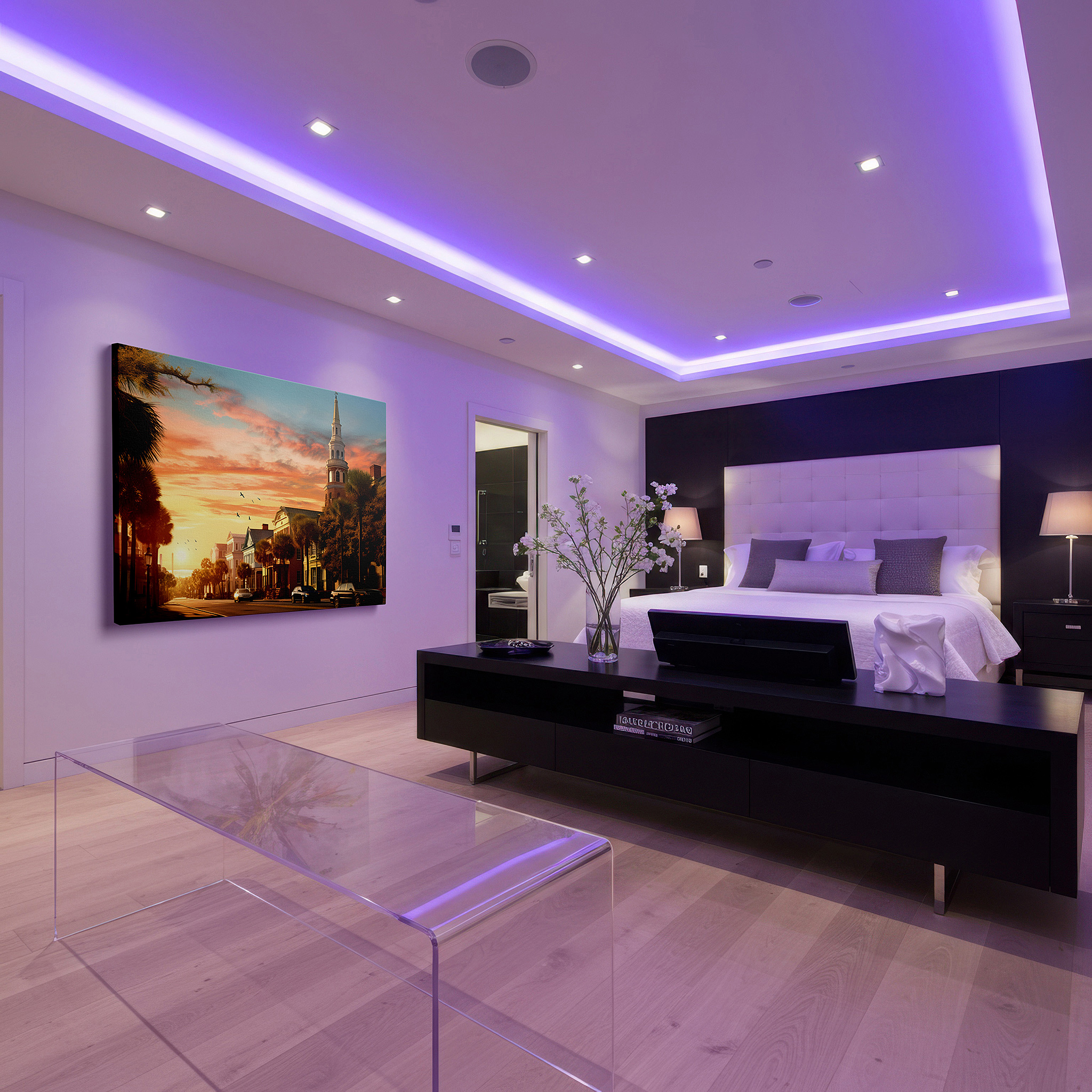 Mounted in a loft-style interior with exposed brick walls — sunset serenade on a historic street: where classical architecture and nature's warm embrace meet - large wall art, canvas wall art, wall decor for office