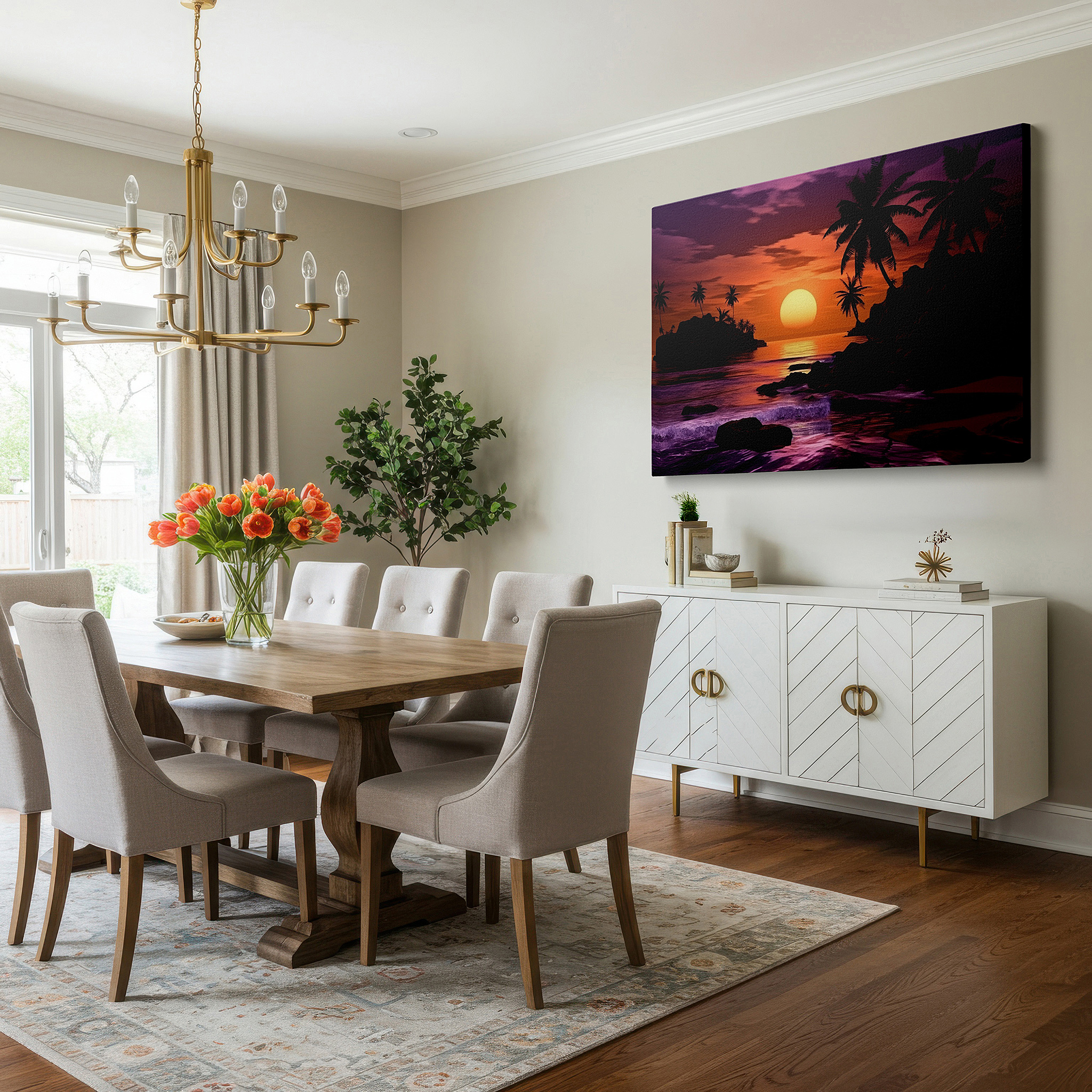 Mounted in a loft-style interior with exposed brick walls — sunset in tropical paradise with glowing sun, majestic palms, and peaceful sea - large canvas wall art for office and bedroom decor