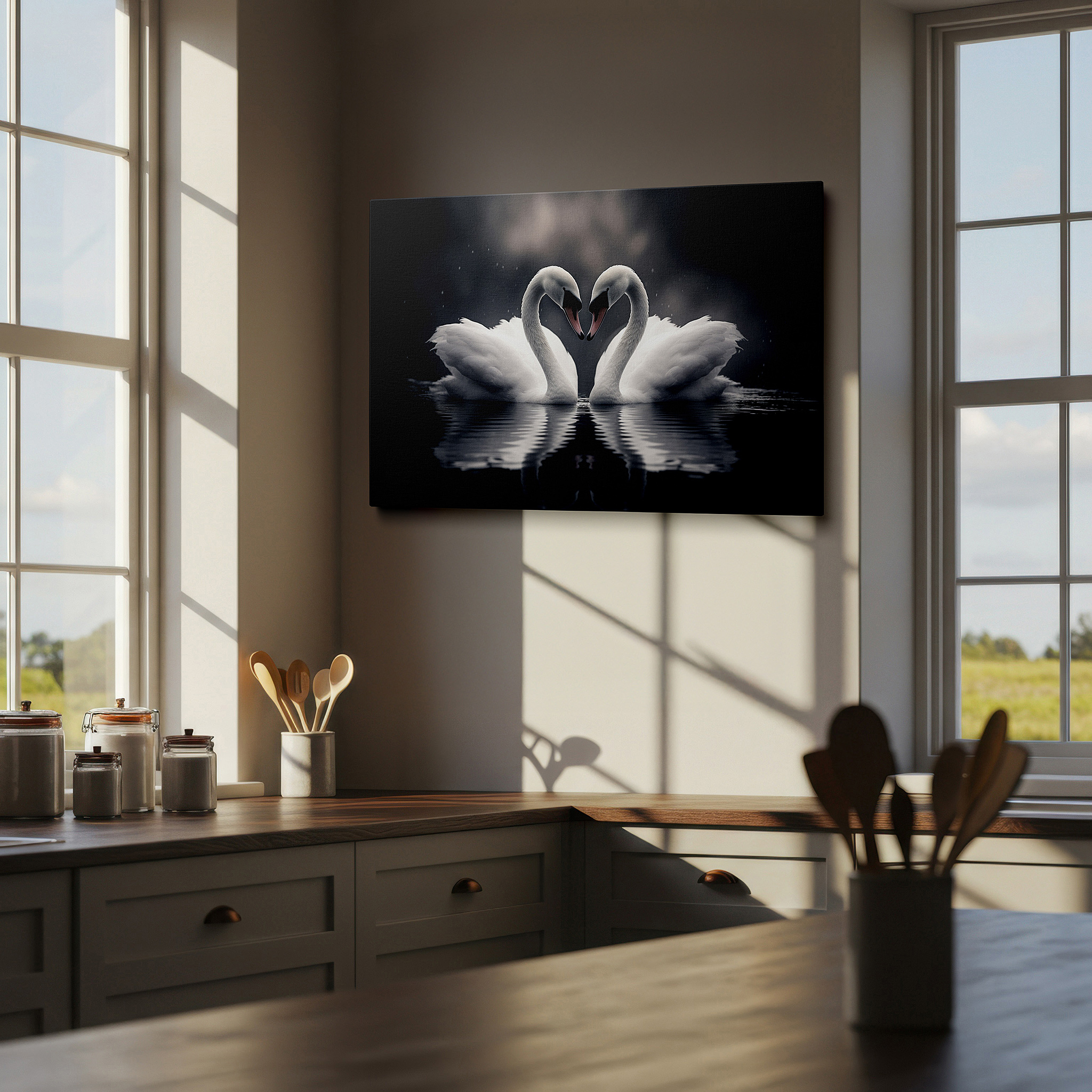 Mounted in a loft-style interior with exposed brick walls — swan embrace wall art: symbol of love and unity on tranquil waters - large canvas for home and office decor