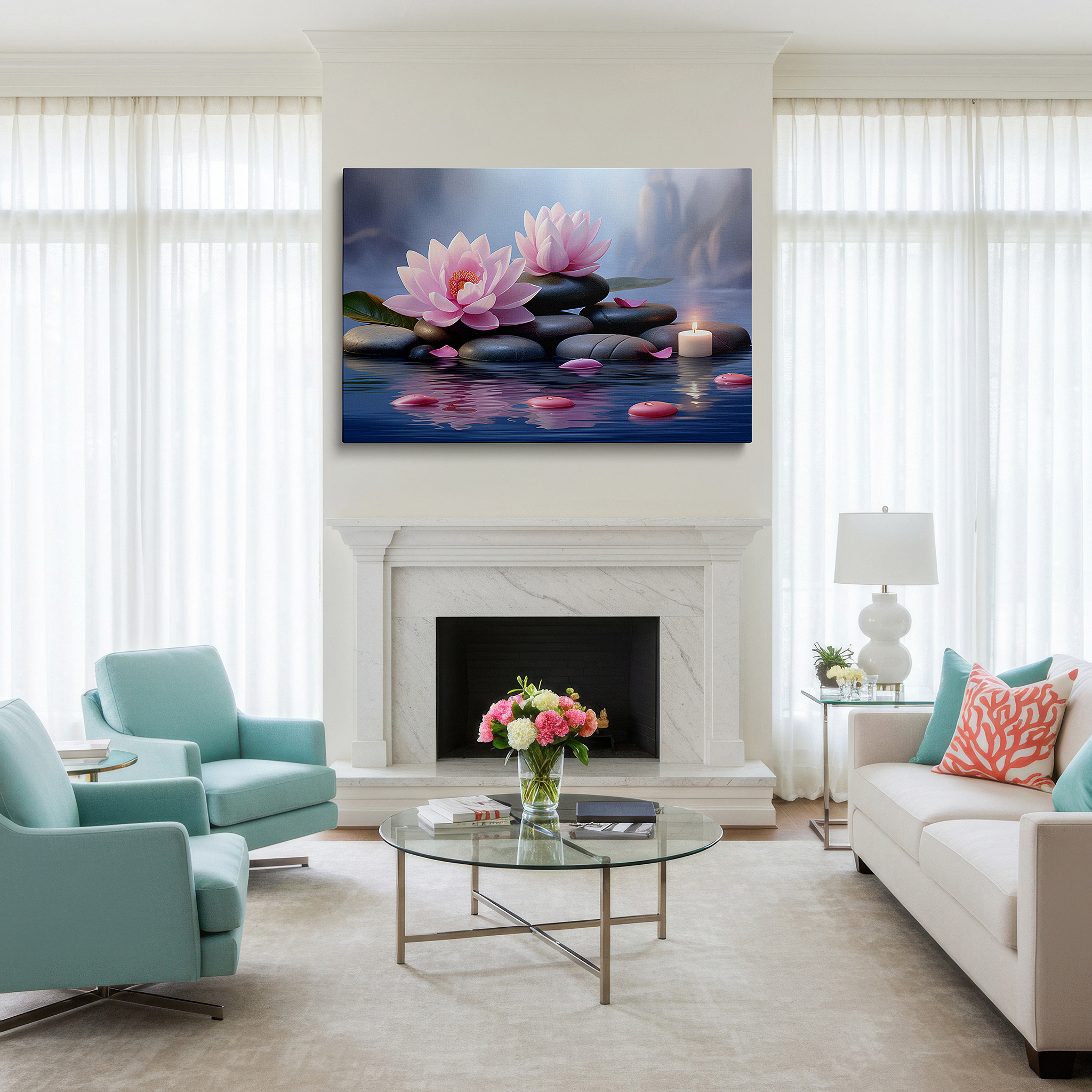 Mounted in a loft-style interior with exposed brick walls — tranquil lotus blossoms and candles in a serene water garden: large canvas wall art for office, bedroom, and living room decor