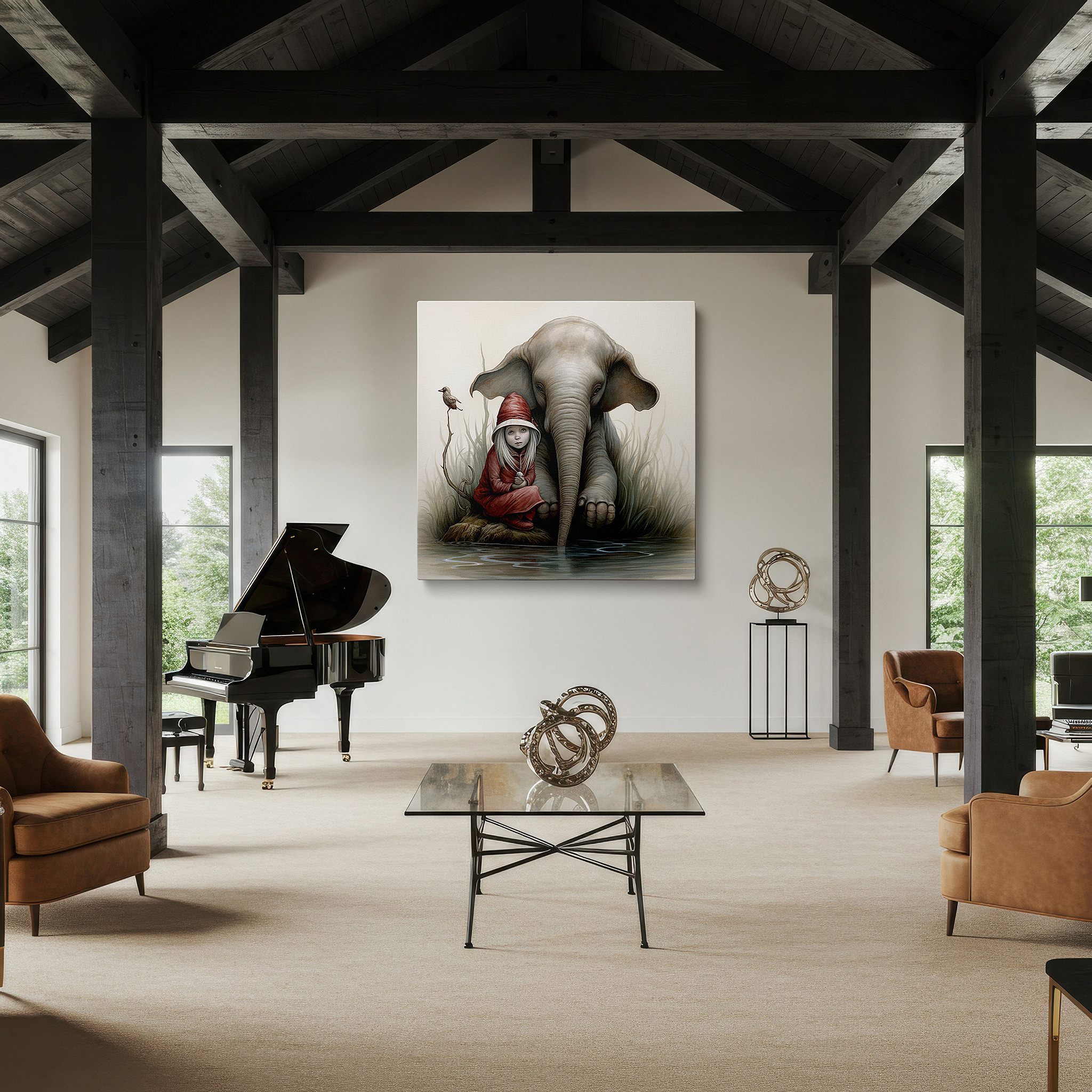 Mounted in a loft-style interior with exposed brick walls — tranquil moments by the water: featuring a young girl and majestic elephant - large canvas wall art for office and bedroom decor