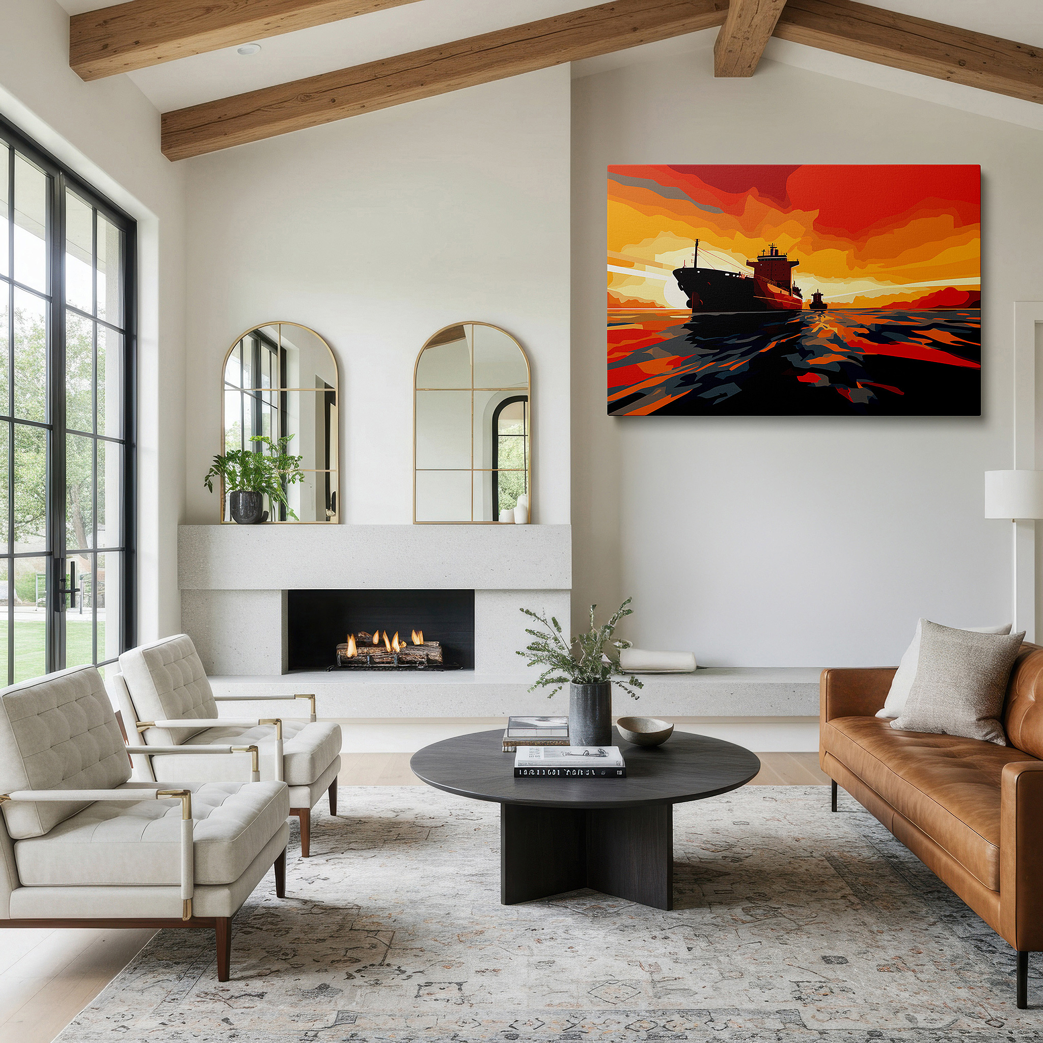 Mounted in a loft-style interior with exposed brick walls — twilight cargo ships against a fiery horizon: reflecting nature's beauty and human endeavor - large canvas wall art for office decor