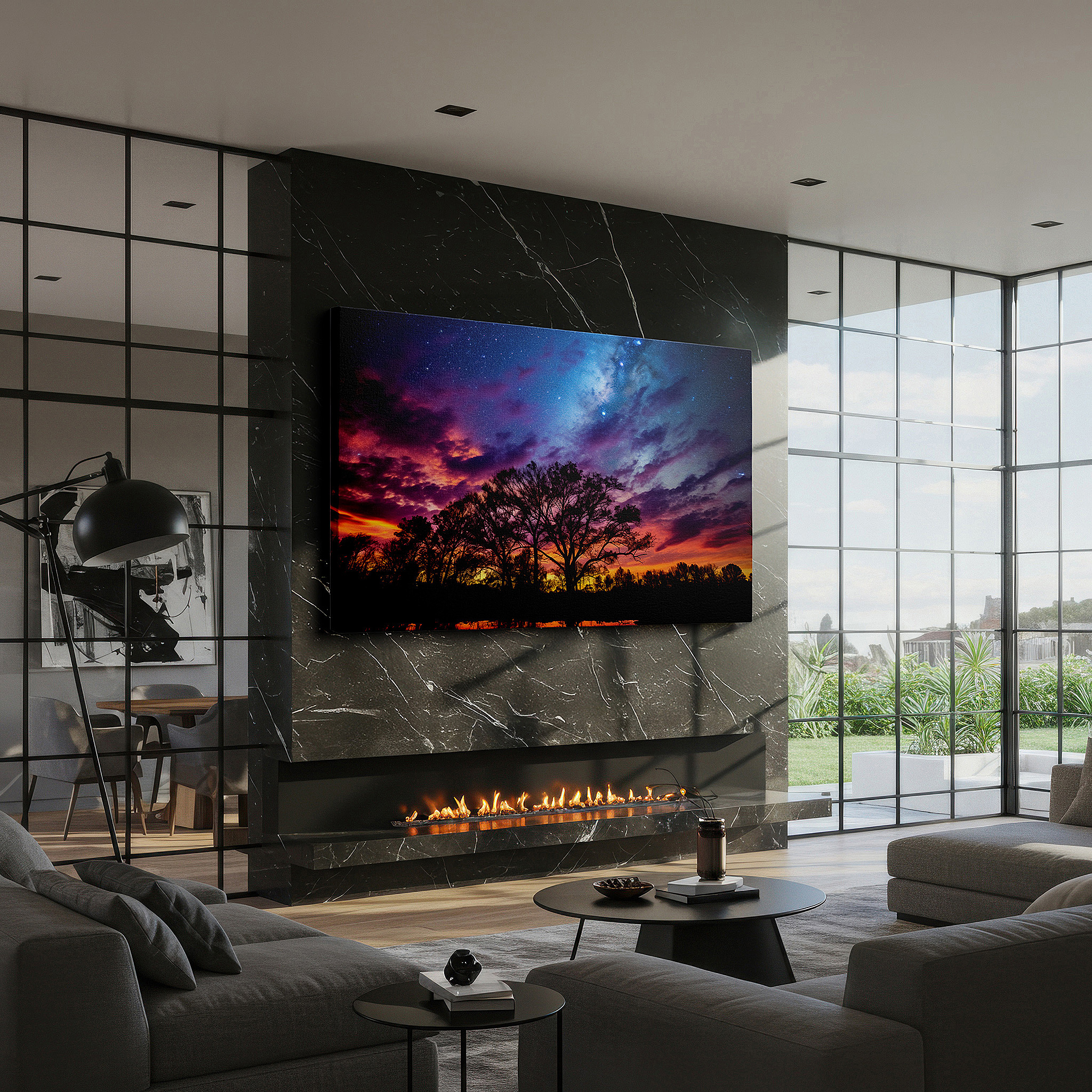 Mounted in a loft-style interior with exposed brick walls — twilight's poetic grace: a canvas of fiery sunsets and tranquil evening shades - large wall art for bedrooms and offices