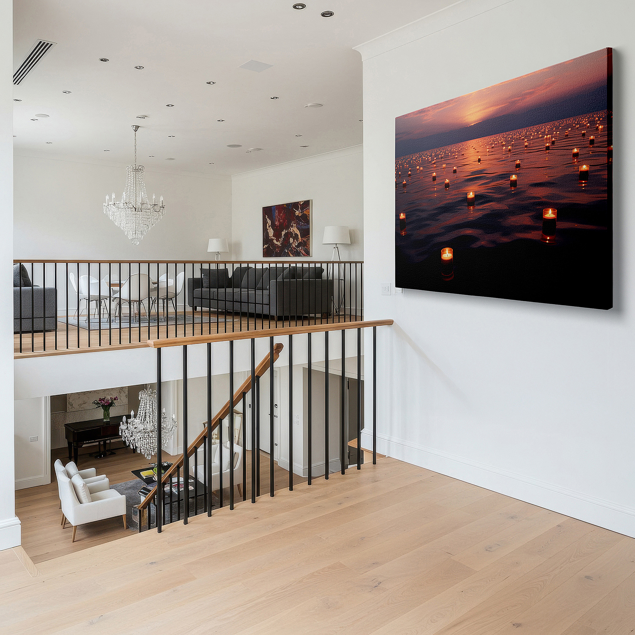 Mounted in a loft-style interior with exposed brick walls — twilight serenity with floating candles: a tranquil reflection of light and peace - large canvas wall art for office decor