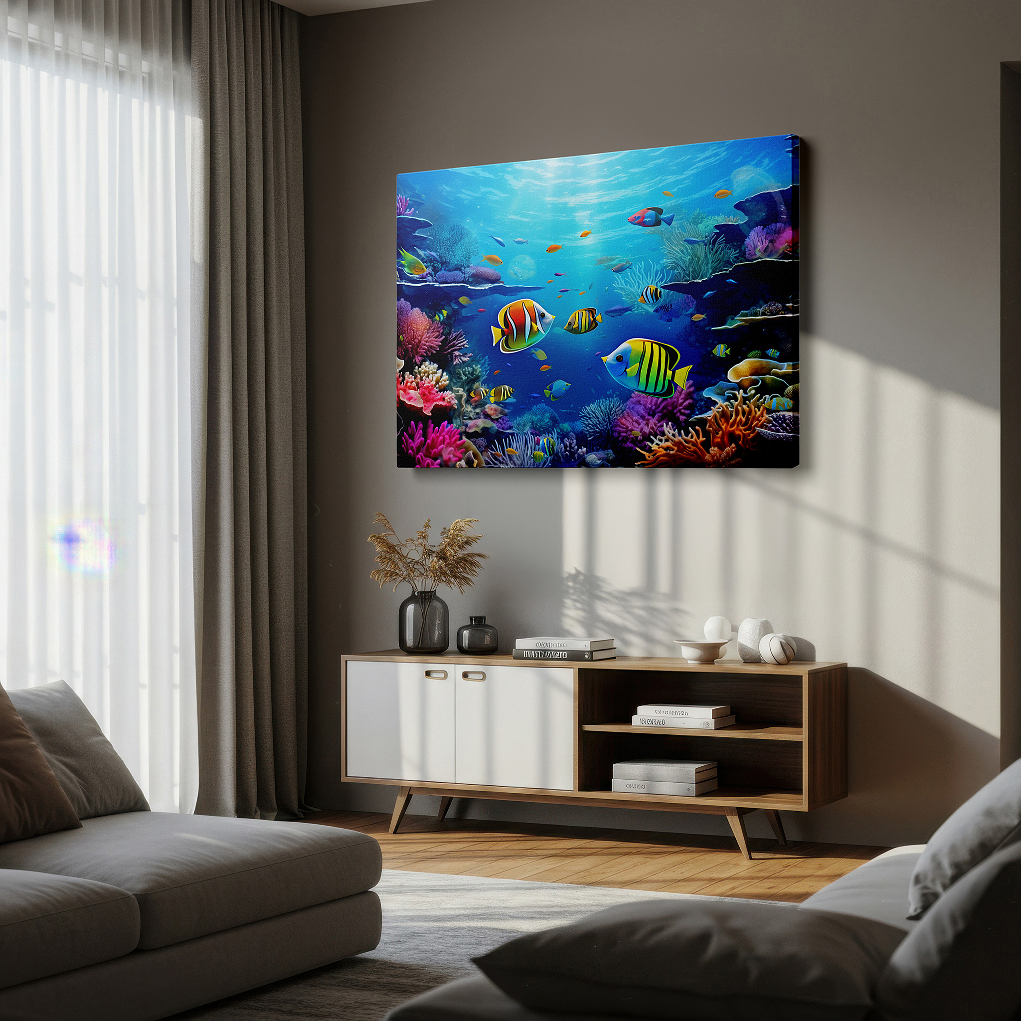 Mounted in a loft-style interior with exposed brick walls — underwater coral reef diversity large wall art - vibrant canvas decor for office, bedroom, and living room