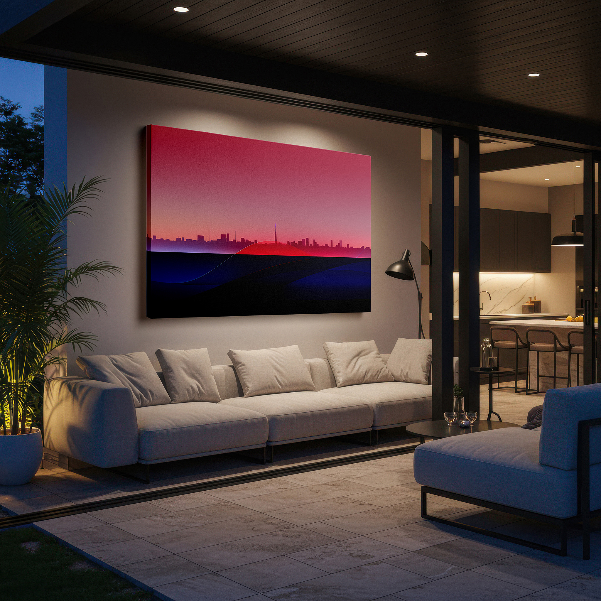 Mounted in a loft-style interior with exposed brick walls — urban skyline and ocean waves wall art in vivid reds and blues - large canvas for office, bedroom, or living room decor