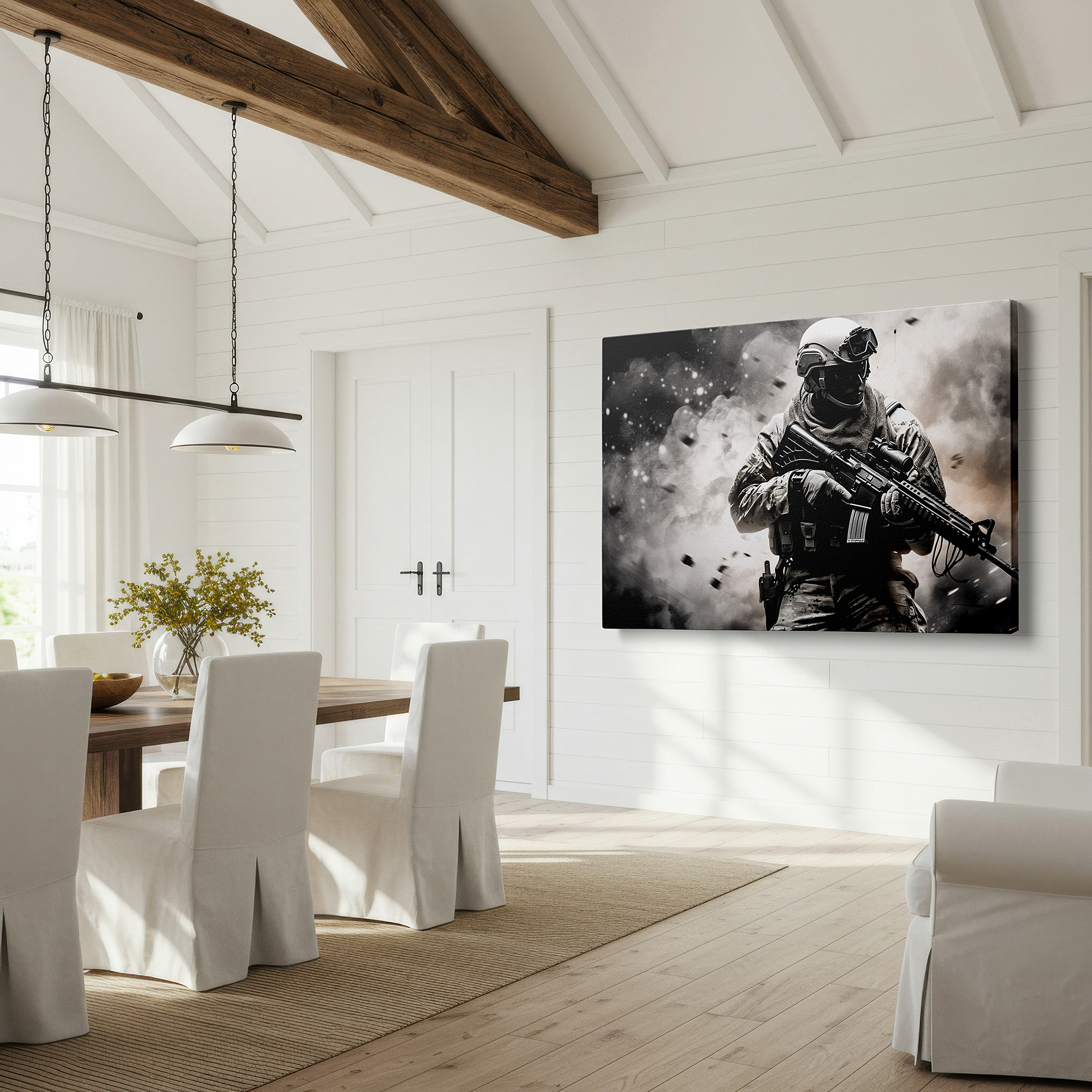Mounted in a loft-style interior with exposed brick walls — valor soldier in intense conflict, emblem of power and preparedness, large canvas wall art for office and bedroom decor