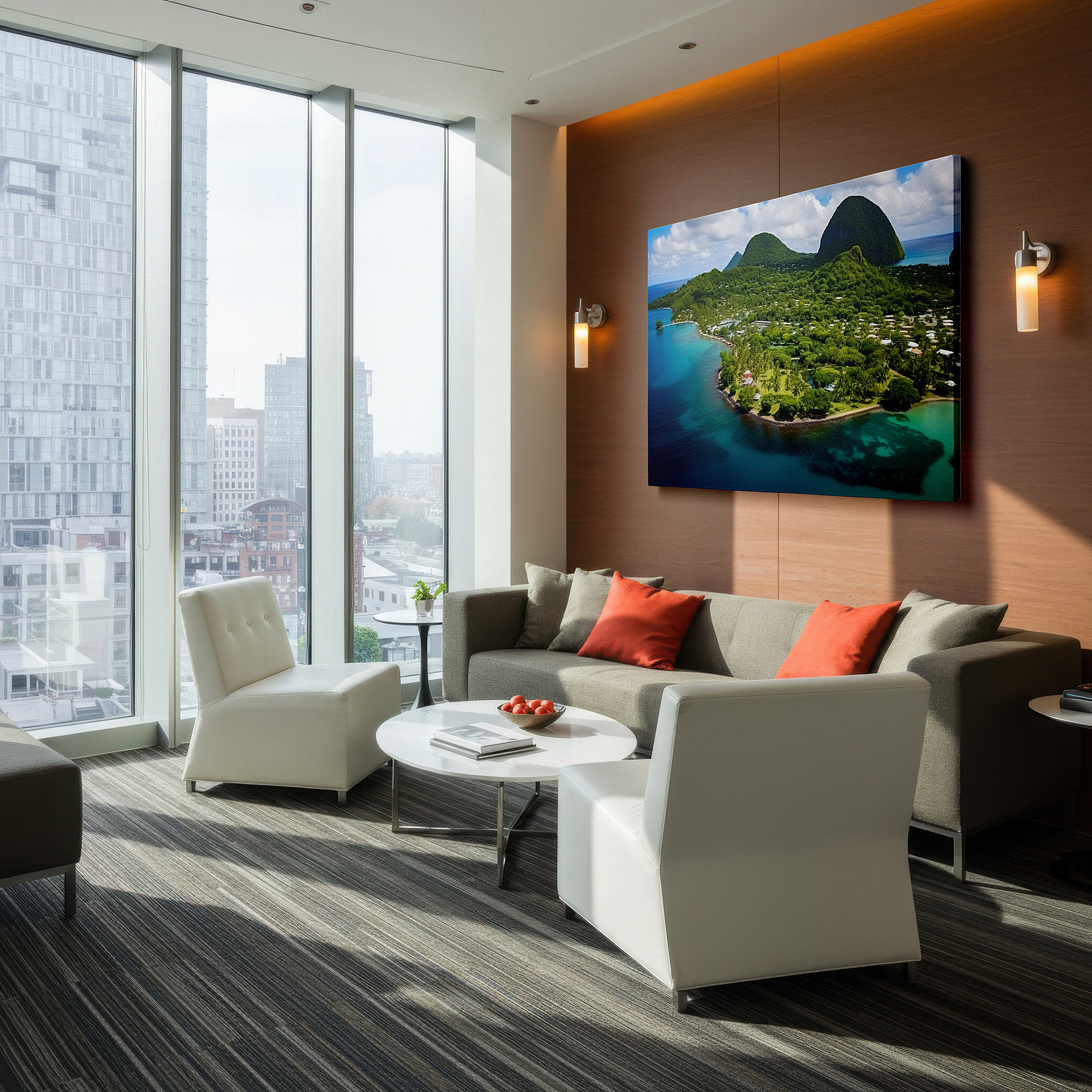 Mounted in a loft-style interior with exposed brick walls — verdant isle aerial paradise large canvas wall art, perfect for office, bedroom, and living room decor