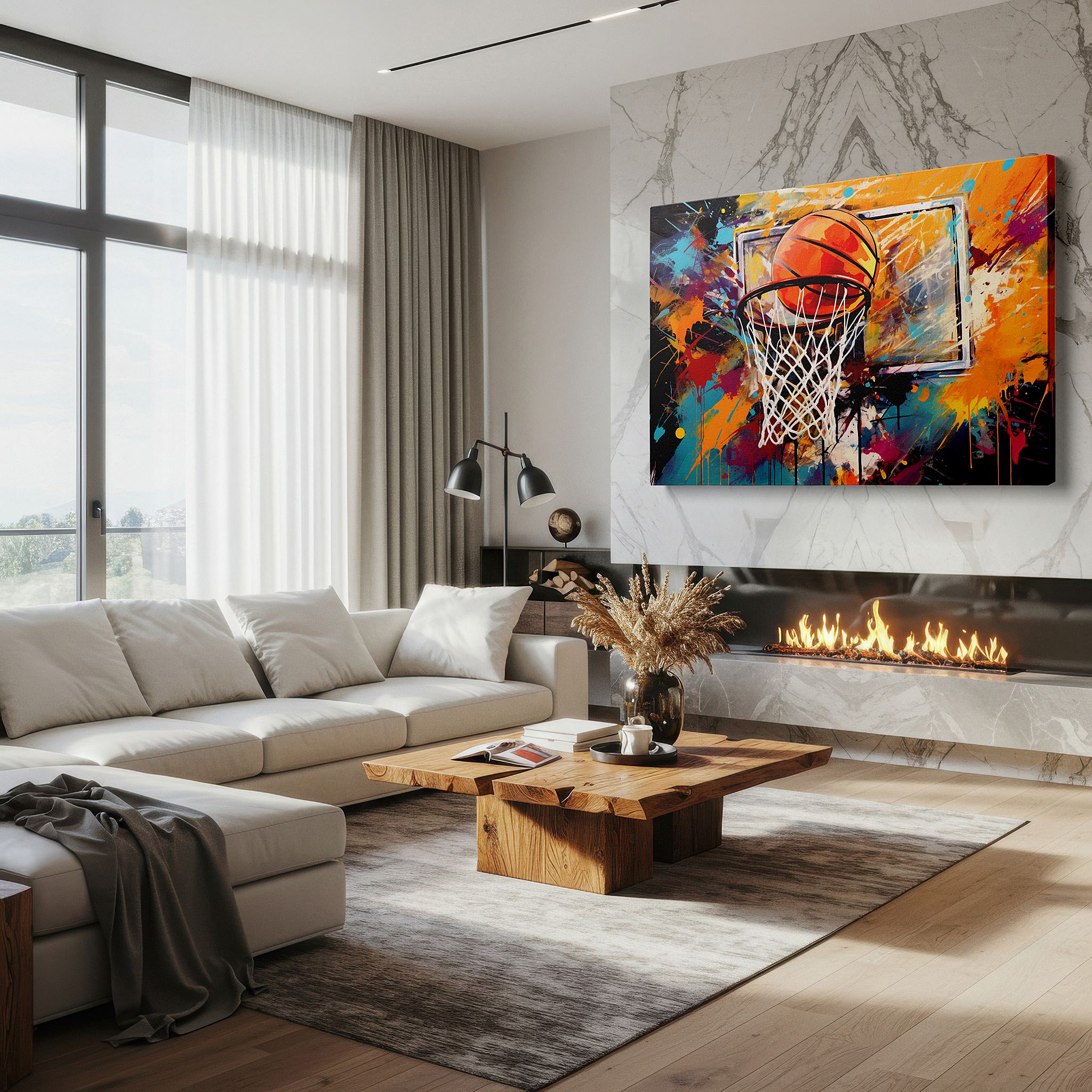 Mounted in a loft-style interior with exposed brick walls — vibrant basketball scenes: a blend of sports and art, large canvas wall art for home and office decor