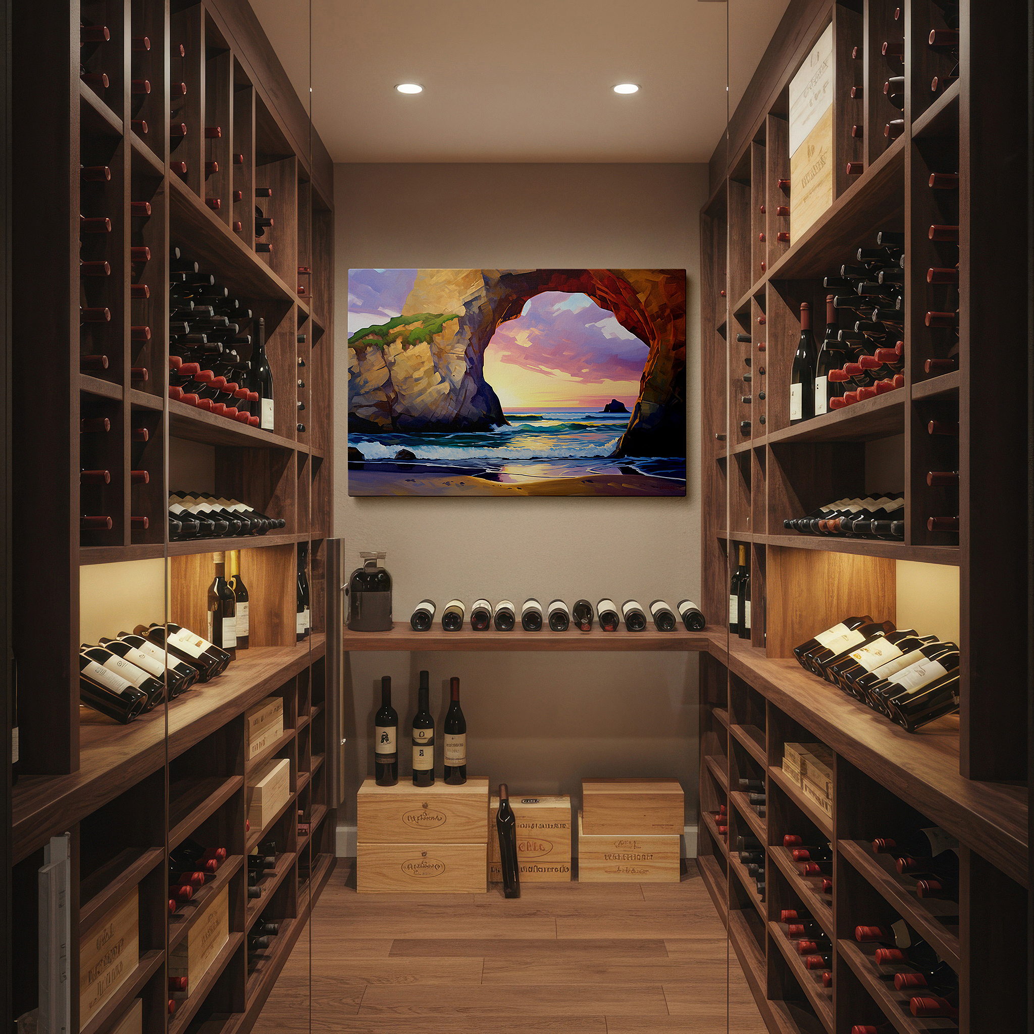 Mounted in a loft-style interior with exposed brick walls — vibrant sunset hues over majestic coastal arch large canvas wall art for office, bedroom, and living room decor