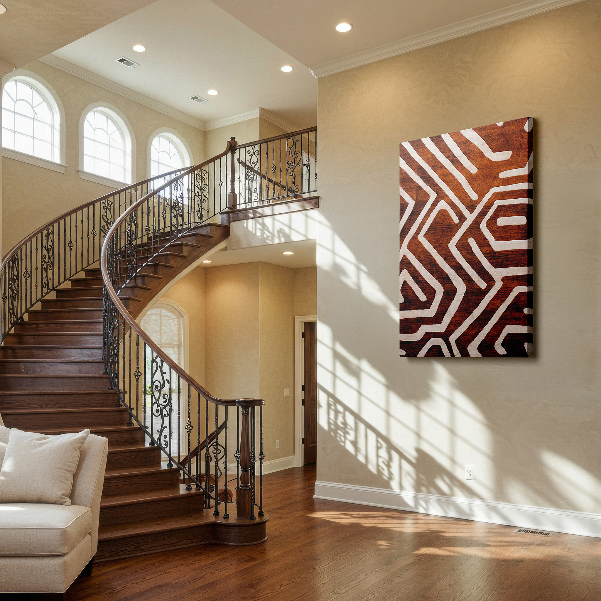 Mounted in a loft-style interior with exposed brick walls — visual harmony through textile transformation: celebrating intricate patterns and earthy tones in large wall art, canvas wall art, and office wall decor