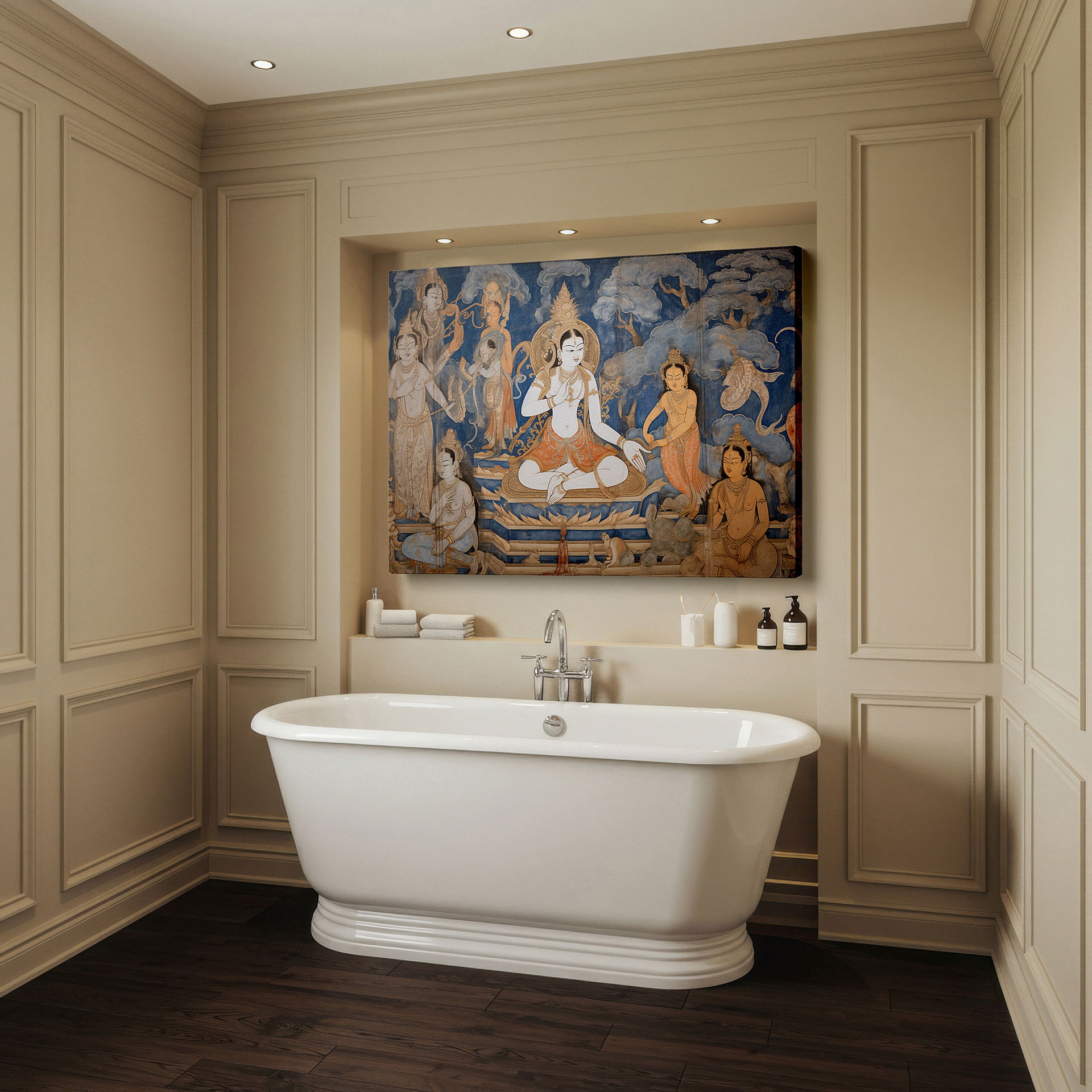 Mounted in a loft-style interior with exposed brick walls — wall art: divine deities in vivid colors - a spiritual mural for