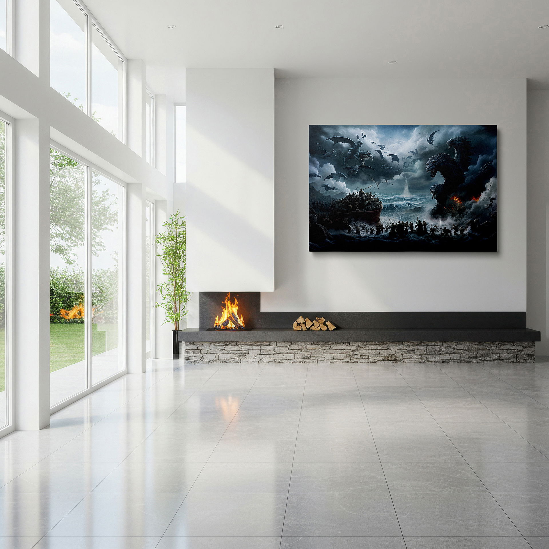 Mounted in a loft-style interior with exposed brick walls — wall art: dramatic stormy seascape featuring mythical sea