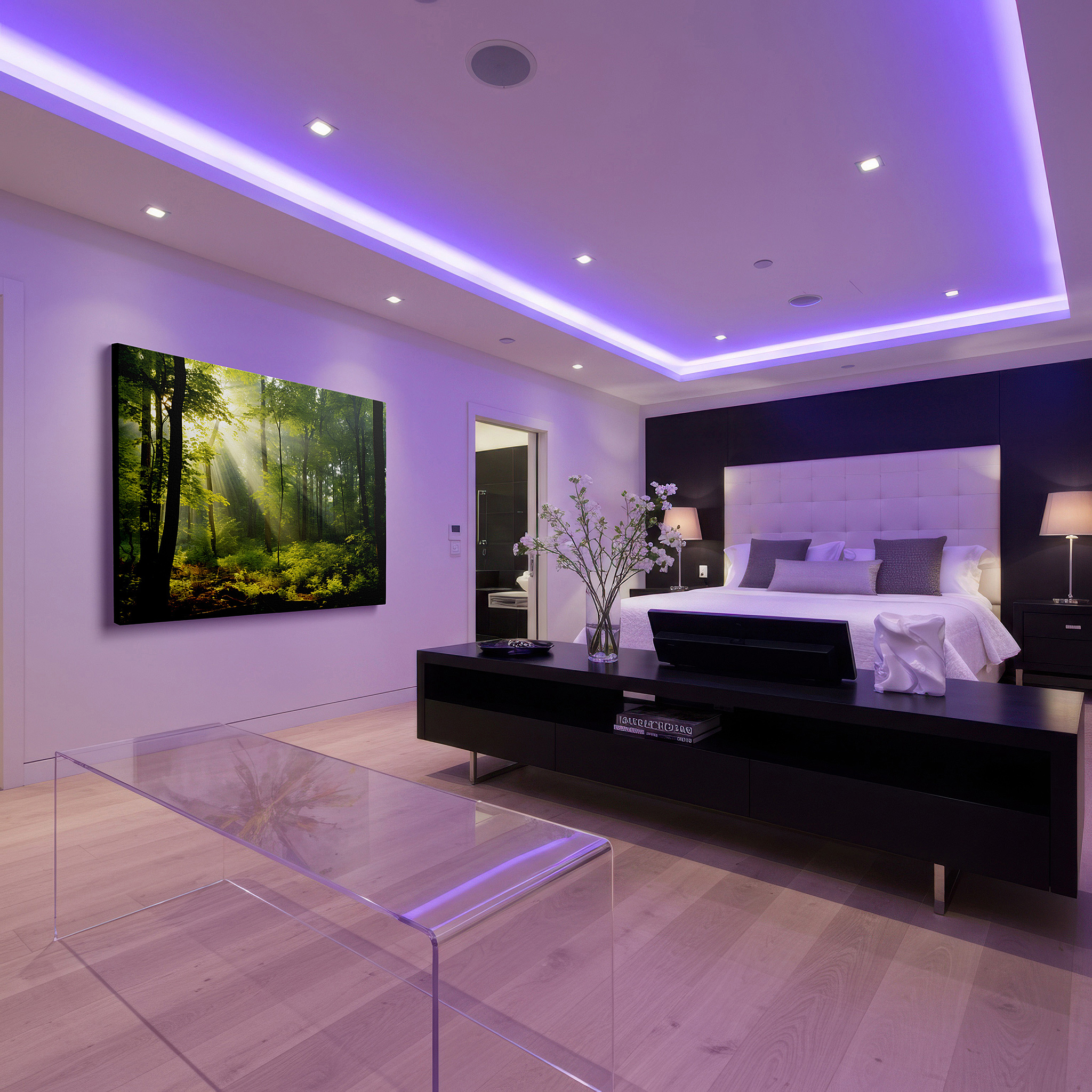 Mounted in a loft-style interior with exposed brick walls — wall art: enchanted forest daylight canopy - sunlight dancing through lush greens, tranquil woodland escape - large canvas wall art for office decor
